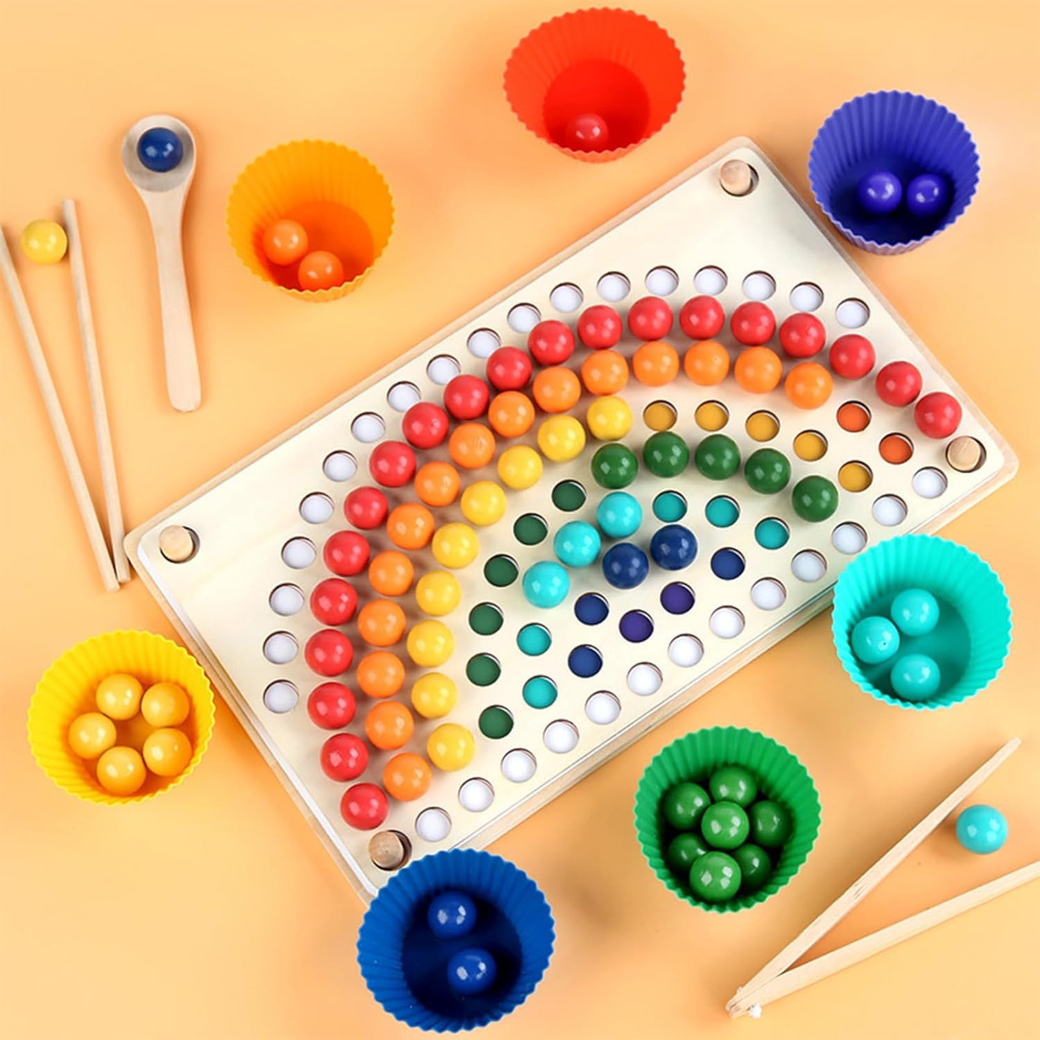 Montessori Toys 3 4 5 Year Old,Colour Sorting Game,Learning & Education Toy,Color Recognition,Chopsticks Clip Rainbow Beads Hands Brain Training, Fine Motor Skill Toys for Girls Boys image number 4