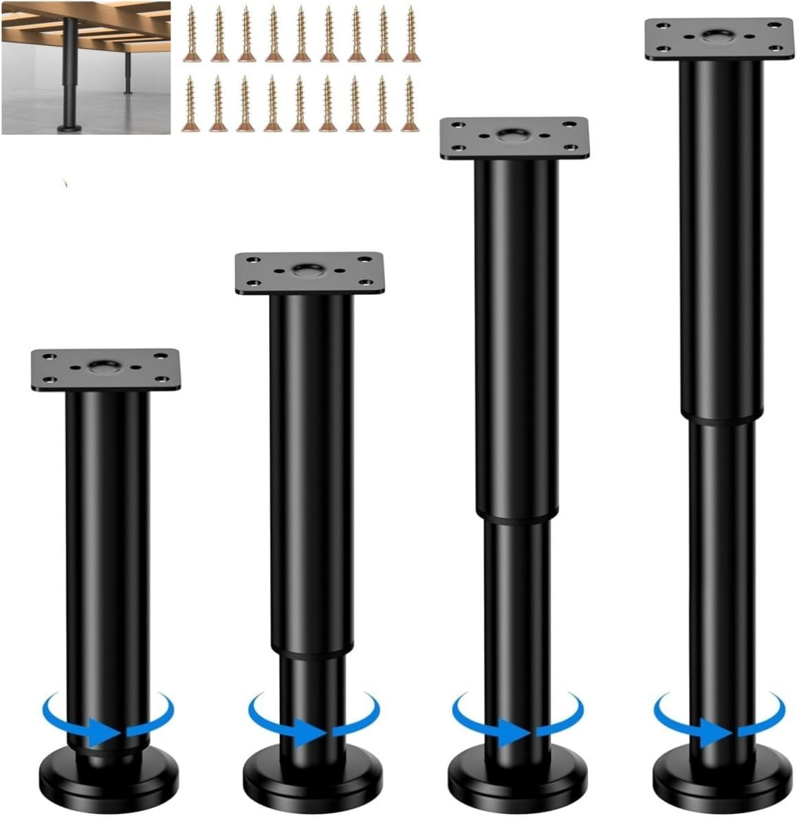 4-Pack Adjustable Height Bed Support Legs(18-32Cm) -Furniture Legs | Cabinet Feet | Black Metal Replacement Feet with Non-Slip Pads | Bed Center Slat Support