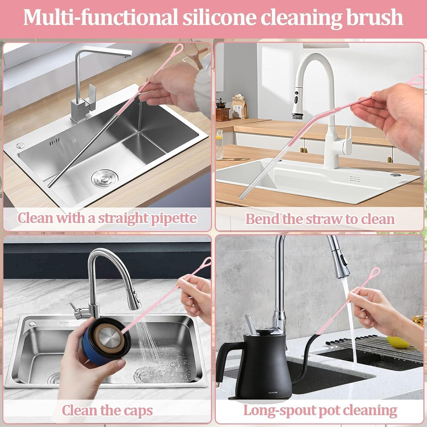 Silicone Straw Cleaner Brush Set - 3 PCS Extra Long Reusable Straw Brushes for Glass, Metal & Smoothie Straws - Food Grade Bpa-Free with Non-Slip Handle (3Mm+6Mm+9Mm, Pink) image number 5