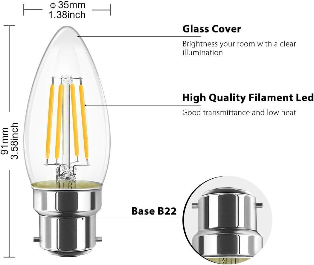 LVWIT 6W B22 LED Candle Filament Bulb, Bayonet Light Bulb,60W Incandescent Bulb Equivalent,2700K Warm White C35 Led Bulbs, 806Lm, Retro Light Bulb, Non-Dimmable (6-Pack) image number 4