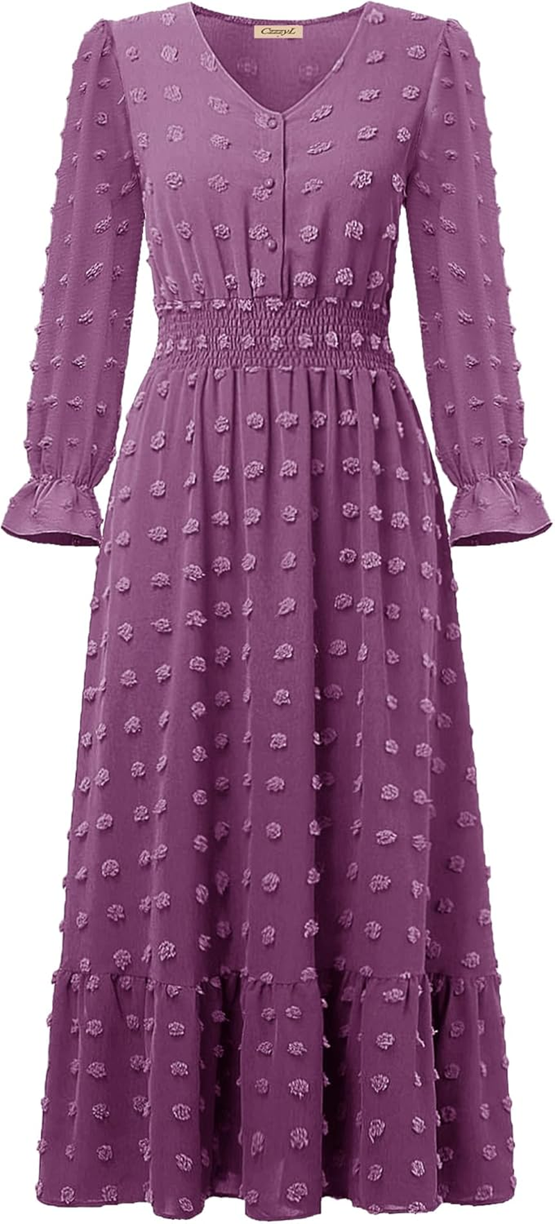 Women Nursing Boho Maxi Dress 2024 V Neck Swiss Dot Smocked High Waisted A-Line Ruffle Tiered Long Dress with Pockets image number 6