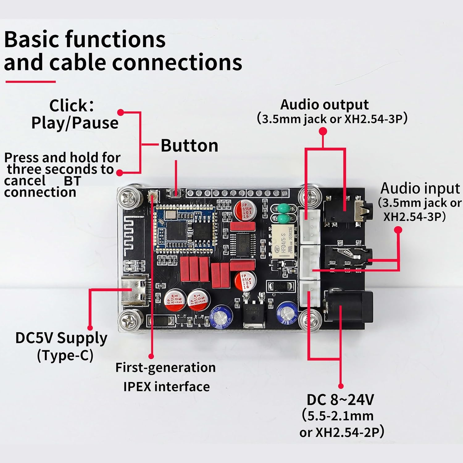 Luocute Audio Decoder Board, Portable Lossless BT 5.1 QCC5125 APTX LDAC with Onboard Acrylic I2S Output, for DIY Wireless Speakers Home Car Audio System image number 3