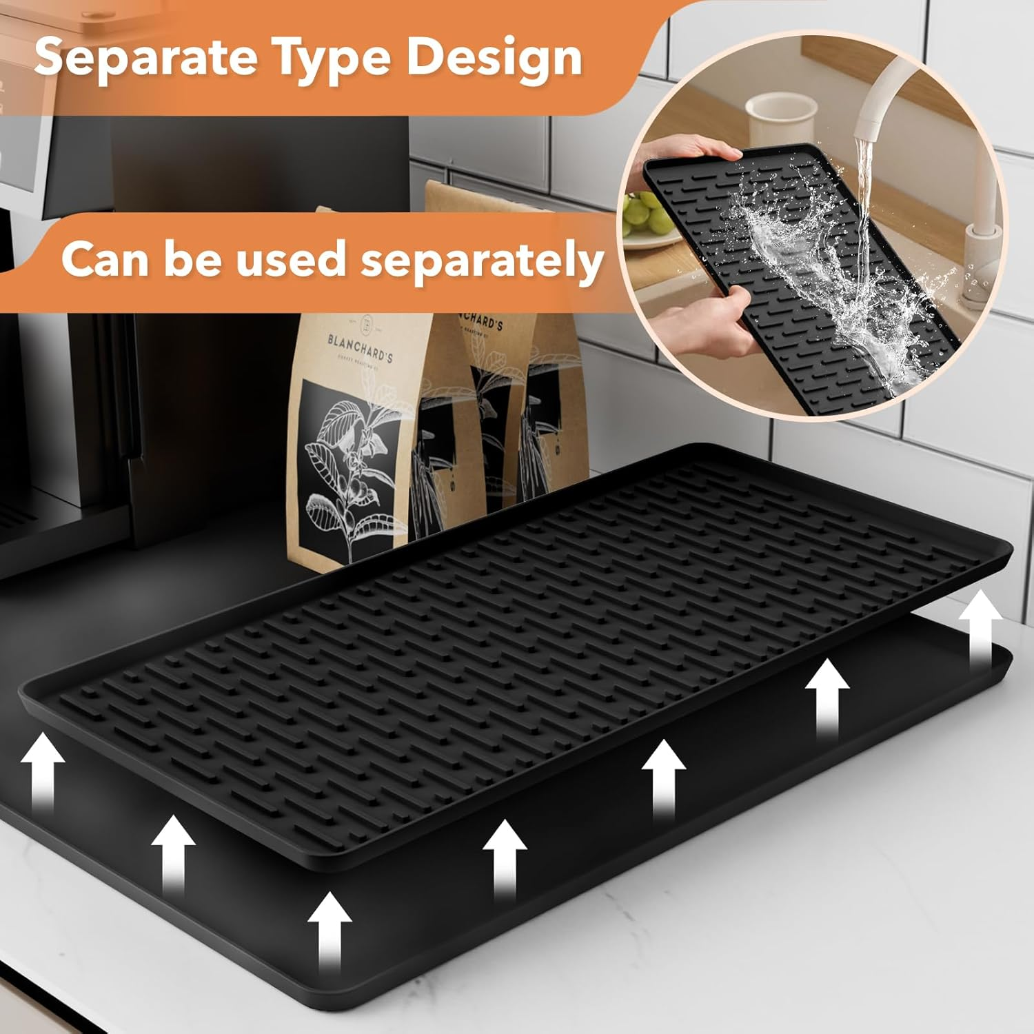 Silicone Coffee Mat with Detachable Dish Drying Mat for Kitchen Countertops, Coffee Bar, Accessories Fit under Coffee Maker Machine Coffee Pot Espresso Machine Dish Rack (Black, 40X60Cm) image number 6