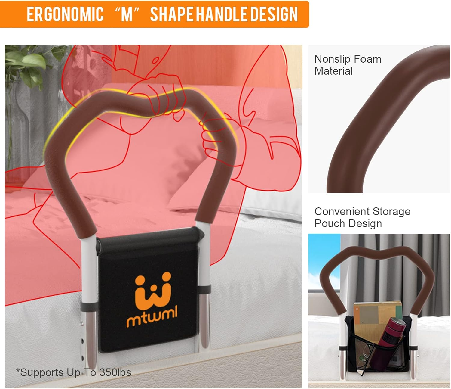 MTWML Bed Rails for Elderly Adults,Adjustable Height Safety Bed Assist Rail for Handicap Seniors Pregnant,Bedside Rails Get Out of Bed Helper with Pocket Fits King,Queen,Full,Twin Bed (Brown) image number 1