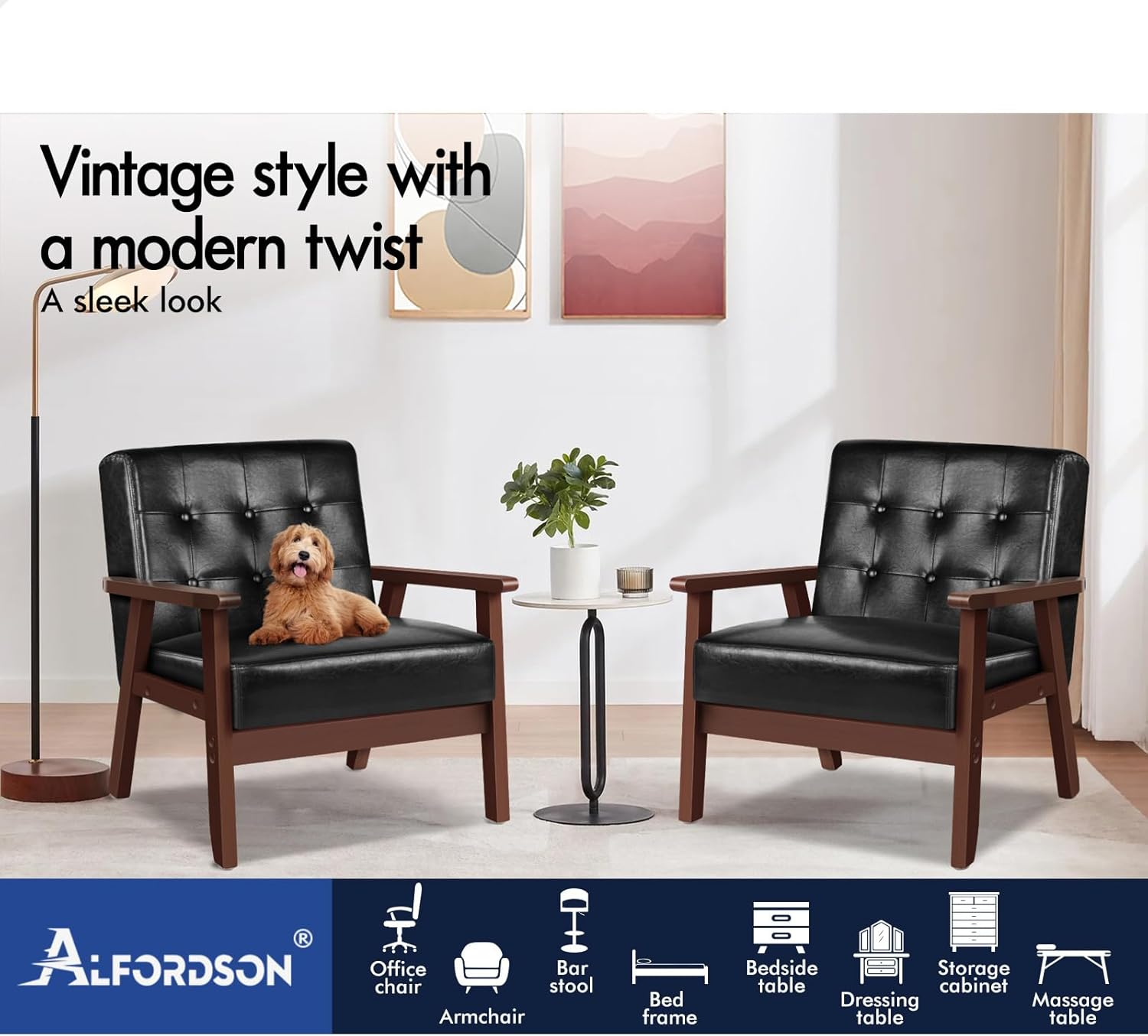 ALFORDSON Wooden Armchair Accent Chair with Solid Wood Frame Wooden Armrest, PU Leather Fabric Upholstery Cushion Lounge Sofa for Reading Bedroom Living Room, 180KG, Black image number 3