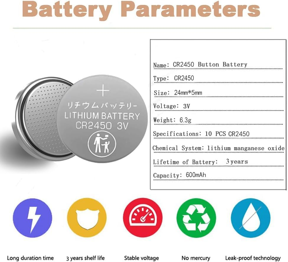CR2450 3V Lithium Battery(10-Pack) Coin Cell Button Battery Long Lasting CR 2450 Compliant with Coin Battery Safety Standards for Watch Tea Lights Alarm System Car Key Remote Control Calculators Toys image number 5