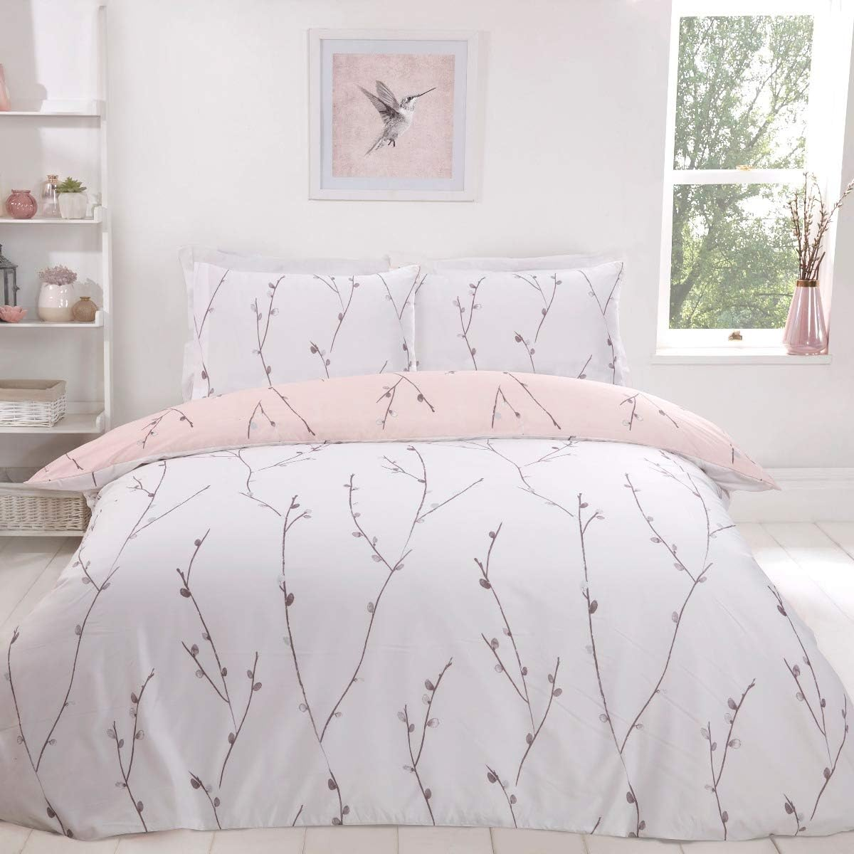 Sleepdown Willow Floral Blush Pink Ultra Soft Easy Care Hypoallergenic Printed White Reversible Duvet Cover Quilt Bedding Set with Pillowcase - Single (135Cm X 200Cm)