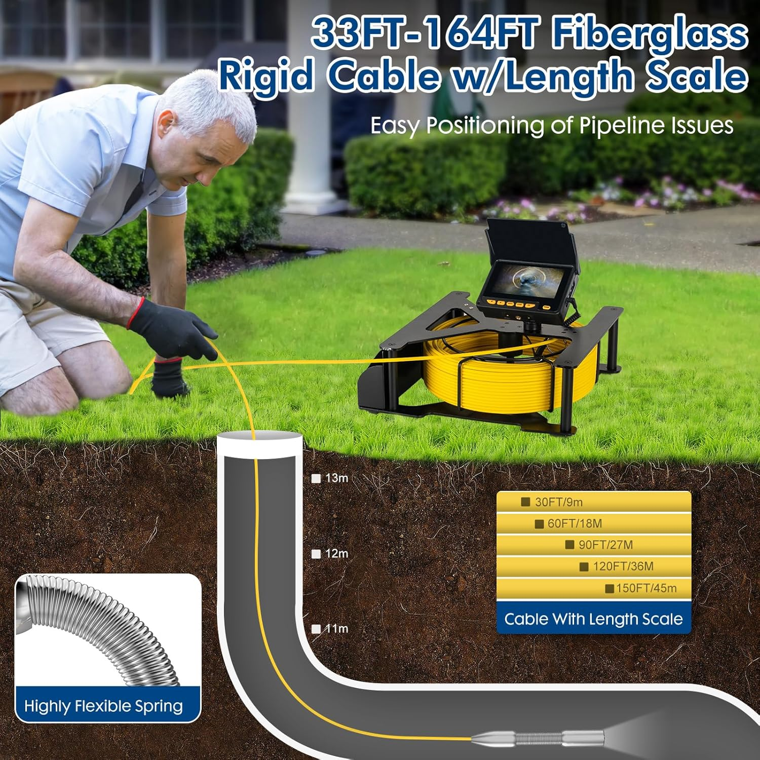 Sewer Inspection Camera,Snake with Light 4.3'' HD 32GB Video Screen Meter Counter,8500Mah HD JQKJCAM 17MM Pipe Plumbing Sewer Drain Camera Waterproof for Plumber Householder Inspector(30M) image number 5