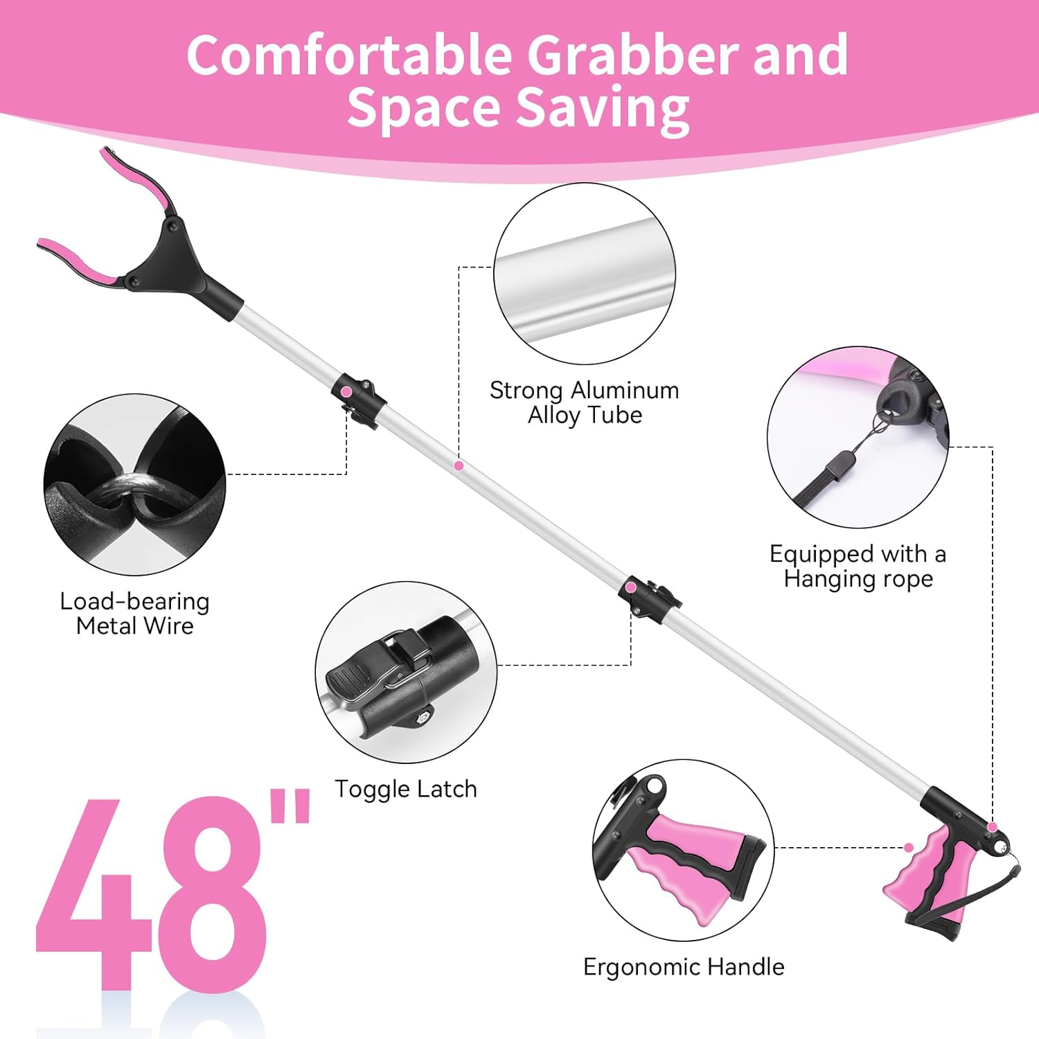 48" Grabber Reacher Tool-Extra Long Grabber for Seniors and Elederly Pickup Tool Trash Picker Foldable Gripper and Reaching Tool Pick up Stick Grabbers for Surgery Recovery Must Haves Gifts(Pink) image number 5