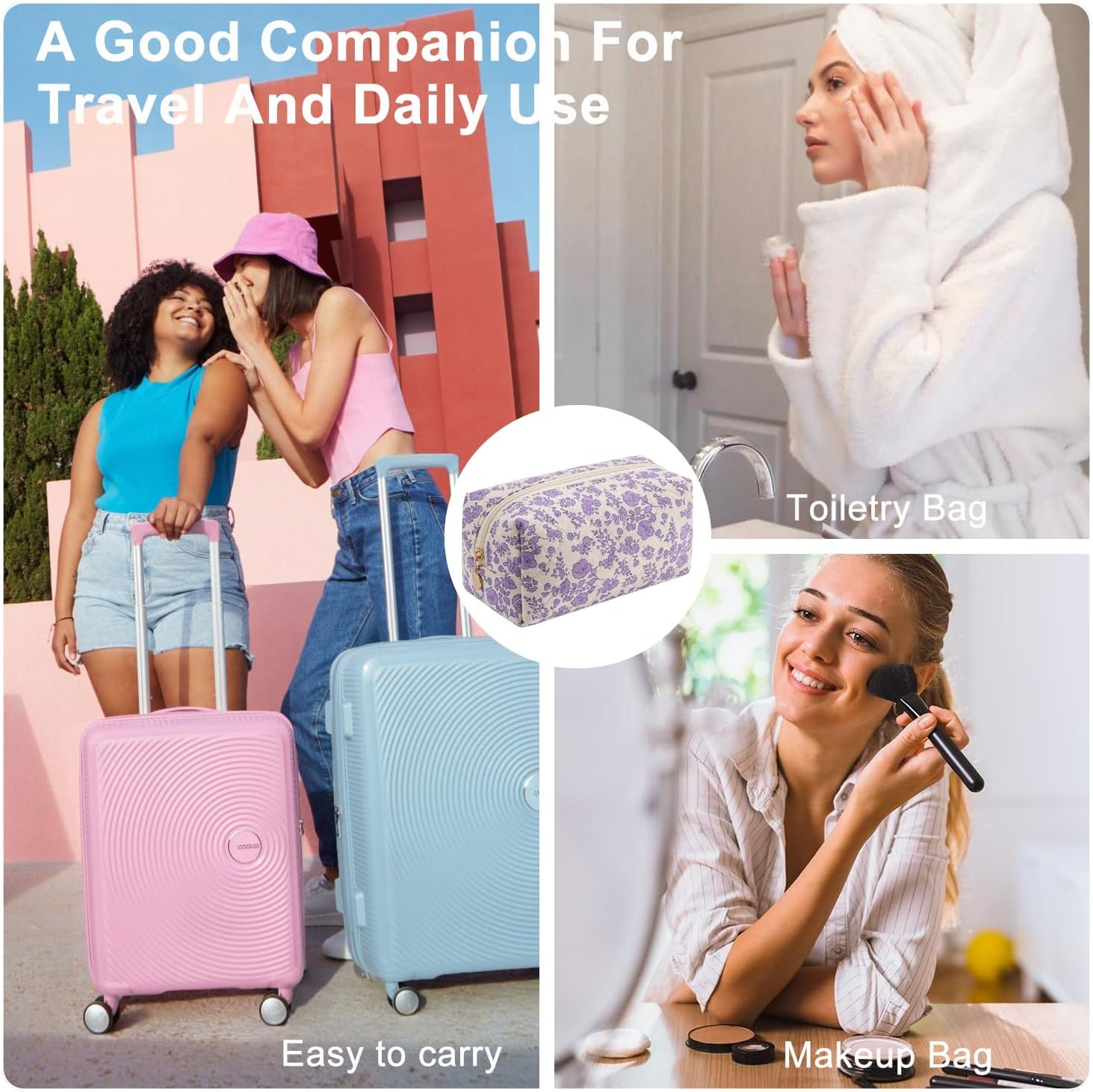 Gleyemor Small Quilted Makeup Bag for Women, Cute Floral Bow Cosmetic Bag, Emergency Bag Travel Toiletry Cotton Pouch Gifts for Girls Her Mom Friend Sister Bridesmaid, Purple Floral - 04 Small Blue Bowknot image number 3