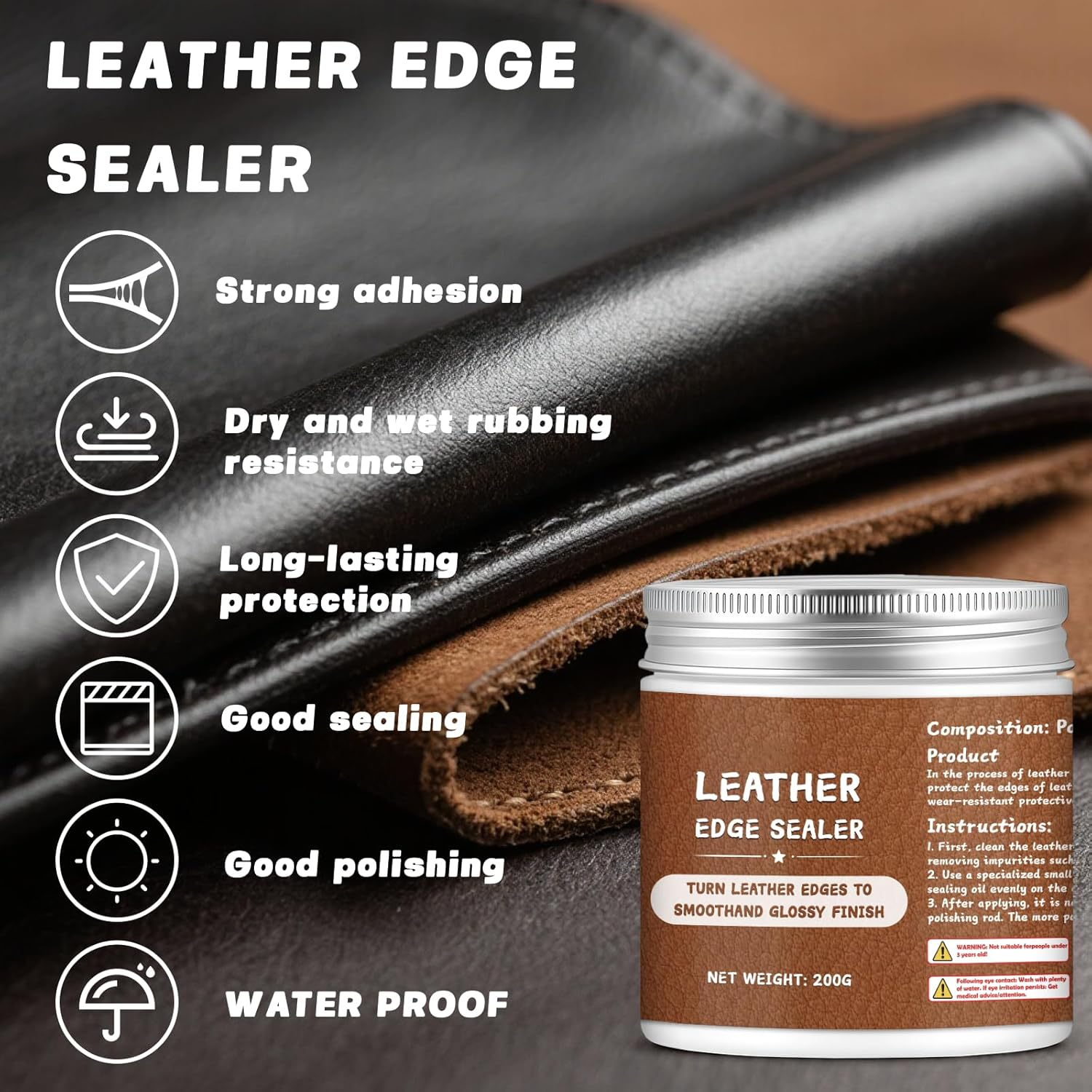 200G Leather Edge Sealer Kit, Leather Burnishing Gum for Smooth Glossy Edges, Increases Wear Resistance and Protective Effect, Suitable for Bags, Wallets, Accessories and Other Handicrafts image number 6