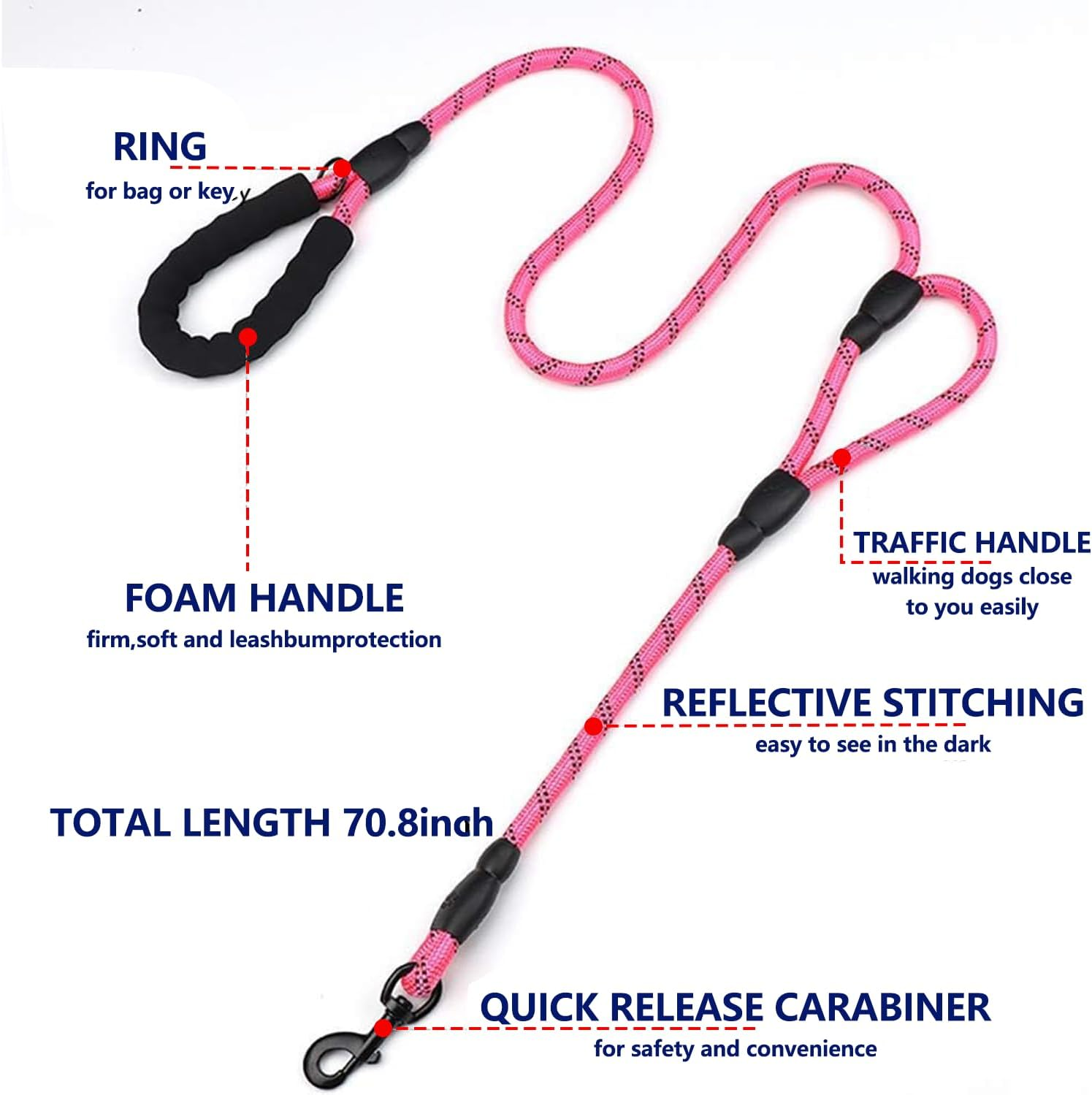 Dog Leash with Double Handles and High Reflective Dog Leash, Non-Slip Pet Dog Leash, Suitable for Small, Medium and Large Dogs (1.2Cm*1.5M, Pink) image number 3