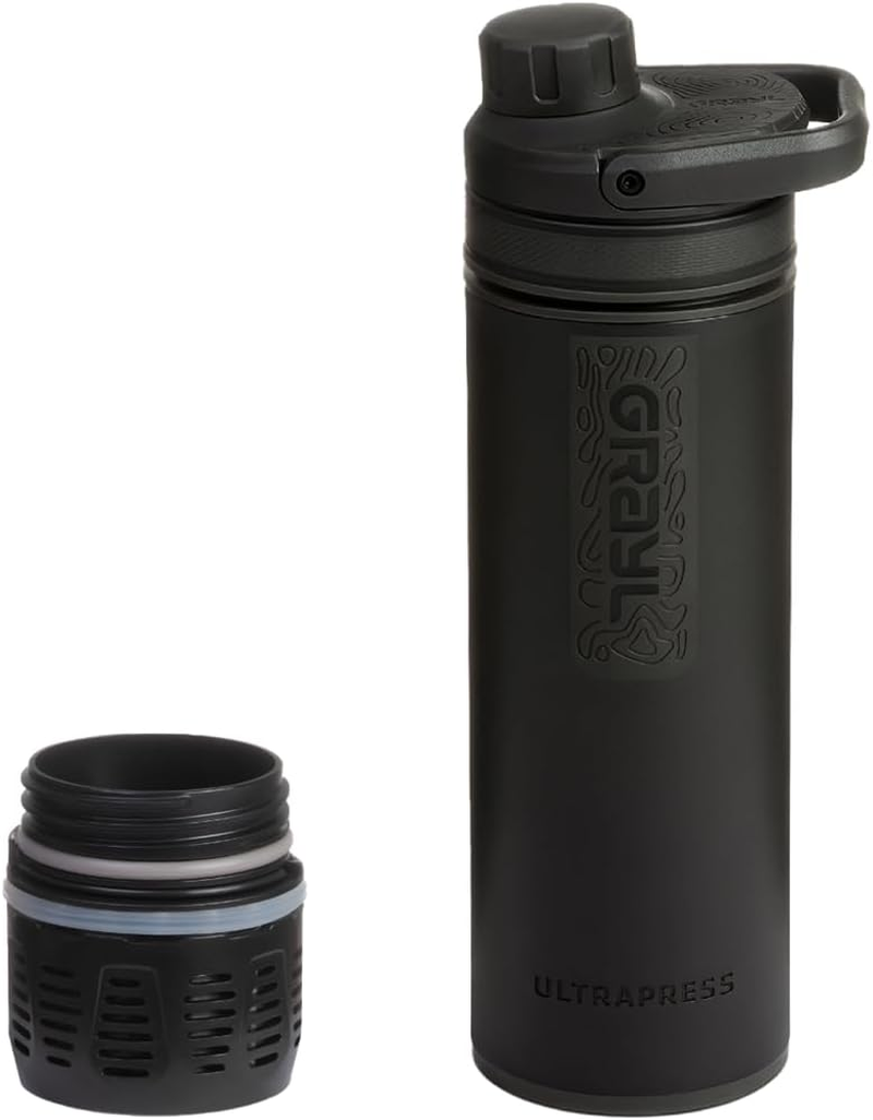 GRAYL Ultra Press Premium Outdoor Water Filter Mega Bundle with Replacement Filter 300L Drinking Water Removes 99.99% Bacteria & Viruses for Camping, Survival & Travel - Covert Black + Black