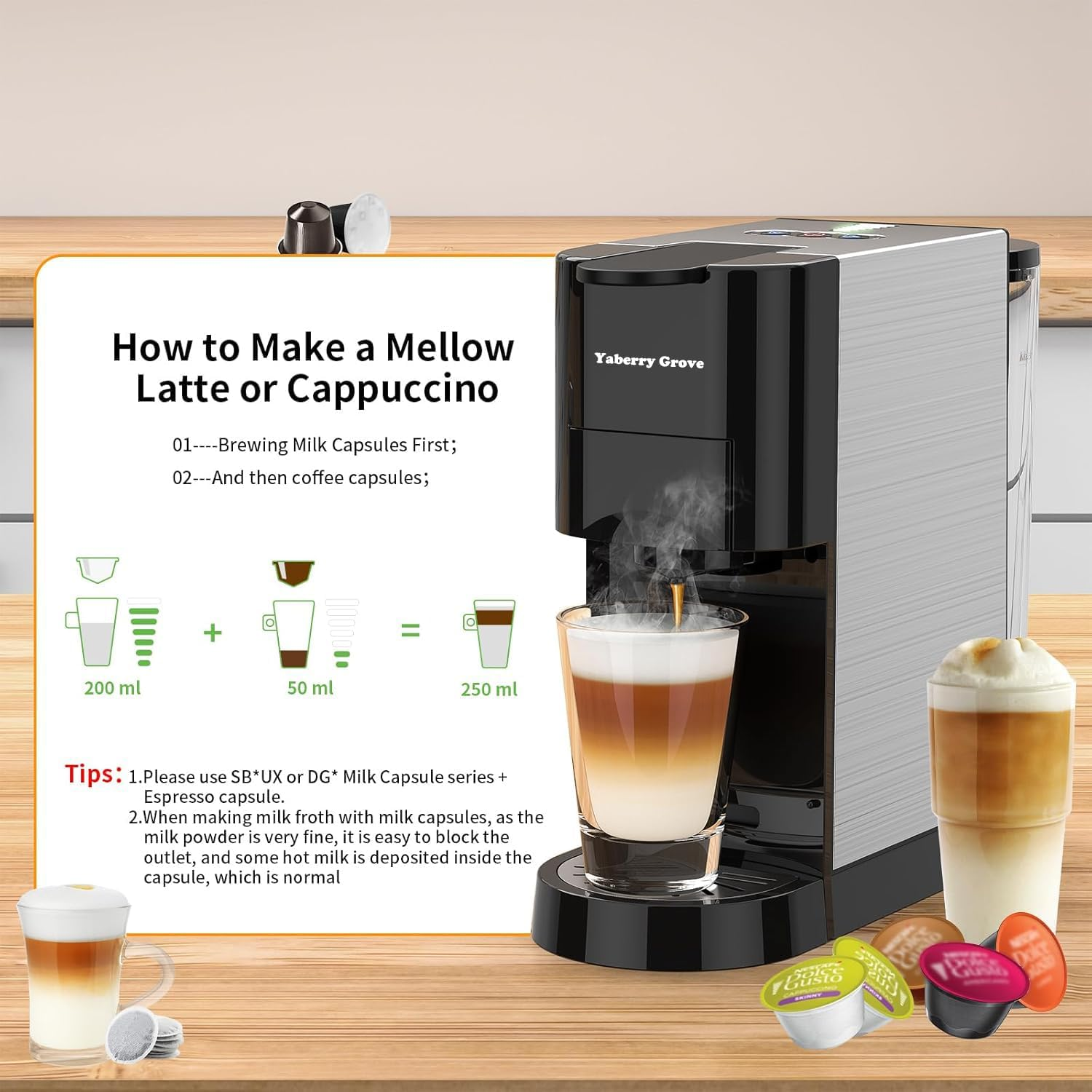 4In1 Espresso Machine,Customize Volume Settings，Automatic Coffee Maker, Single-Serve Capsule Coffee Machine for Nespresso Original/L'Or/Ground Coffee,19Bar Espresso Machine,1450W Coffee Machine