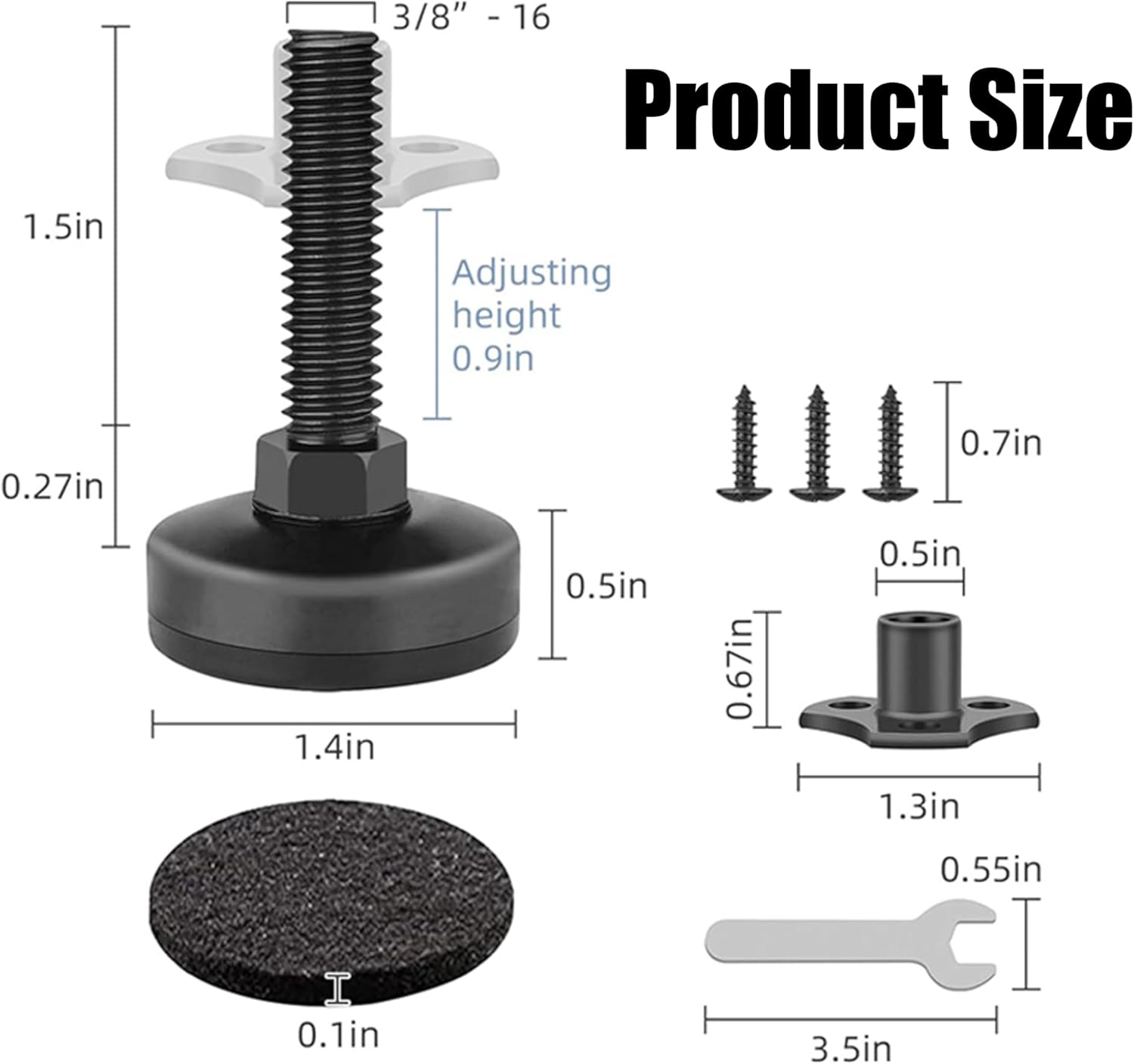 4PCS Heavy Duty 3/8"-16 Thread Adjustable Furniture Leveling Feet with T-Nut Kit,Threaded Leveling Feet,Large Base Furniture Levelers Support for Cabinets,Tables,Chairs,Sofa,Workbench (Black) image number 1