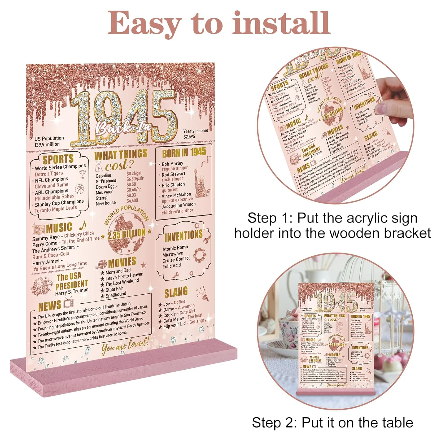 Bumqviy Happy 80Th Birthday Decorations Back in 1945 Table Sign for Women, Pink Rose Gold Happy 80 Birthday Two-Sided Wooden Poster with Stand, Eighty Year Old Birthday Gift Party Supplies image number 6