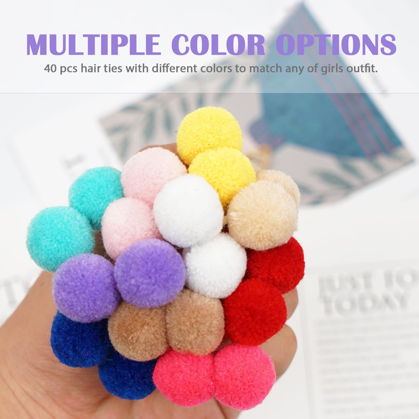 40 Pcs/20 Pairs Girls Cute Stretchy Hair Ties with 3.6Cm/1.4Inch Pompom Ball Elastics Rubber Bands Colorful Fluffy Velvet Ponytail Holders Hair Scrunchies Accessory for Baby Infant Toddlers Kids Teens image number 3