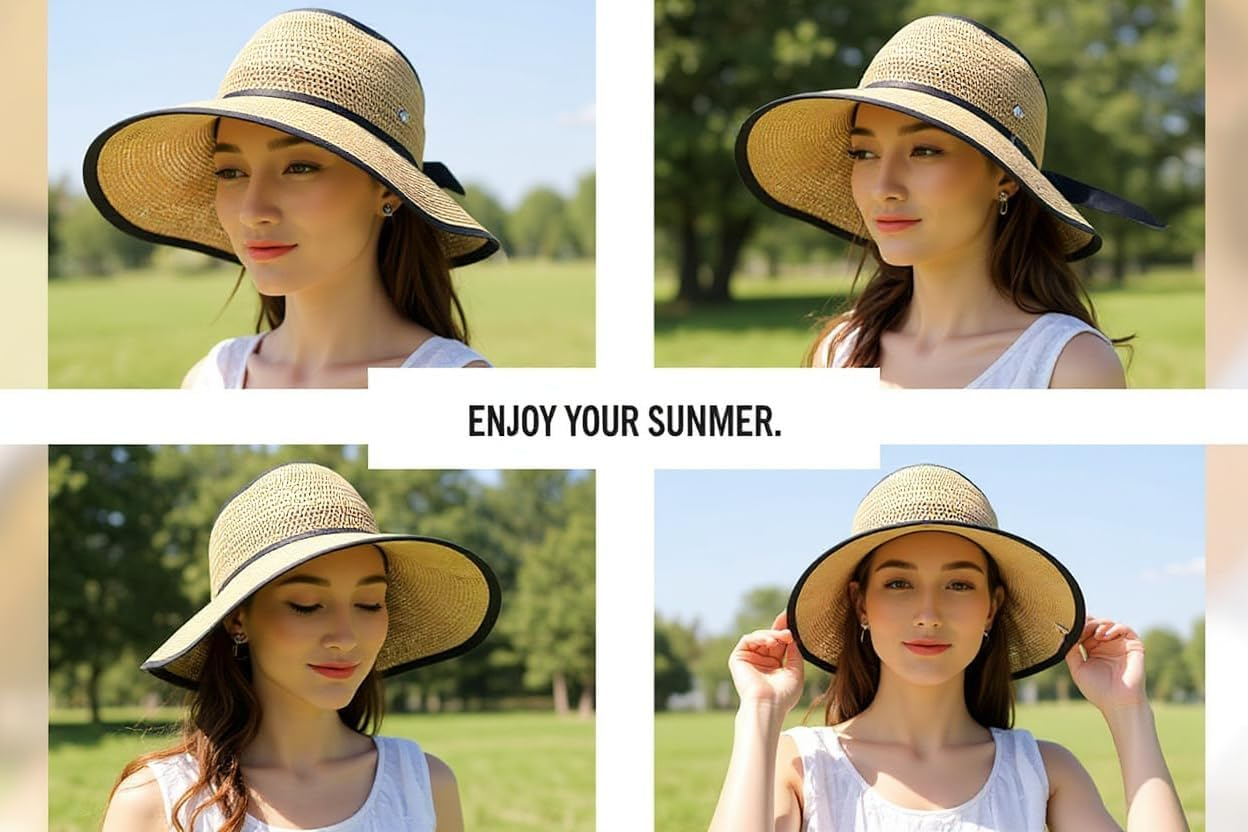 FIME. Women Sun Visor Hats Beach Foldable, Roll up Wide Brim Bowknot Summer Straw Hat Cap Cruise Wear for Womens,Women'S Sun Hats UPF50 UV Protection Sun Hat (Khaki)