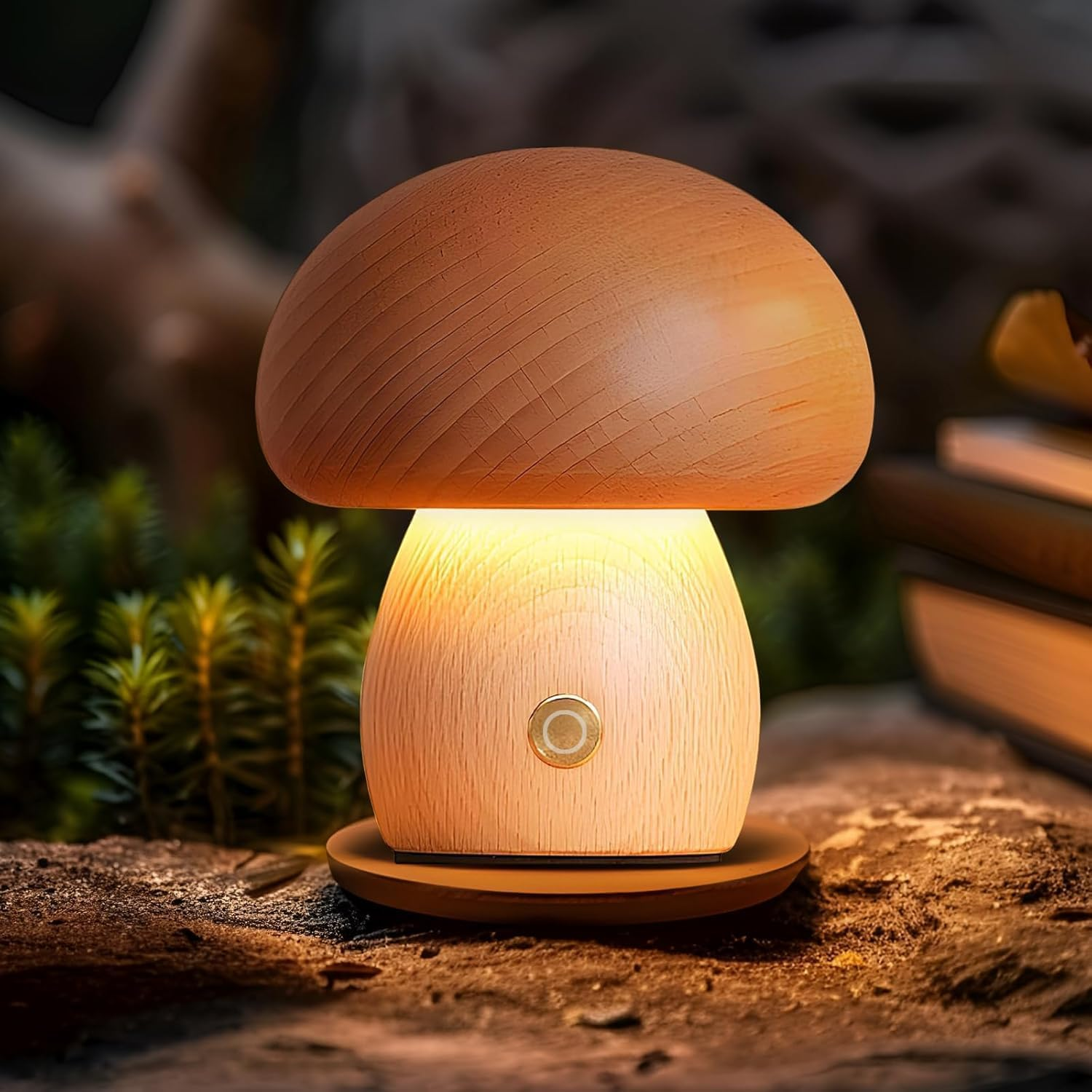 Wooden Mushroom Lamp &ndash; Portable Cordless Rechargeable Beech Wood Table Lamp with Stepless Touch Dimming & Memory, Compact Night Light Birthday Gift image number 3