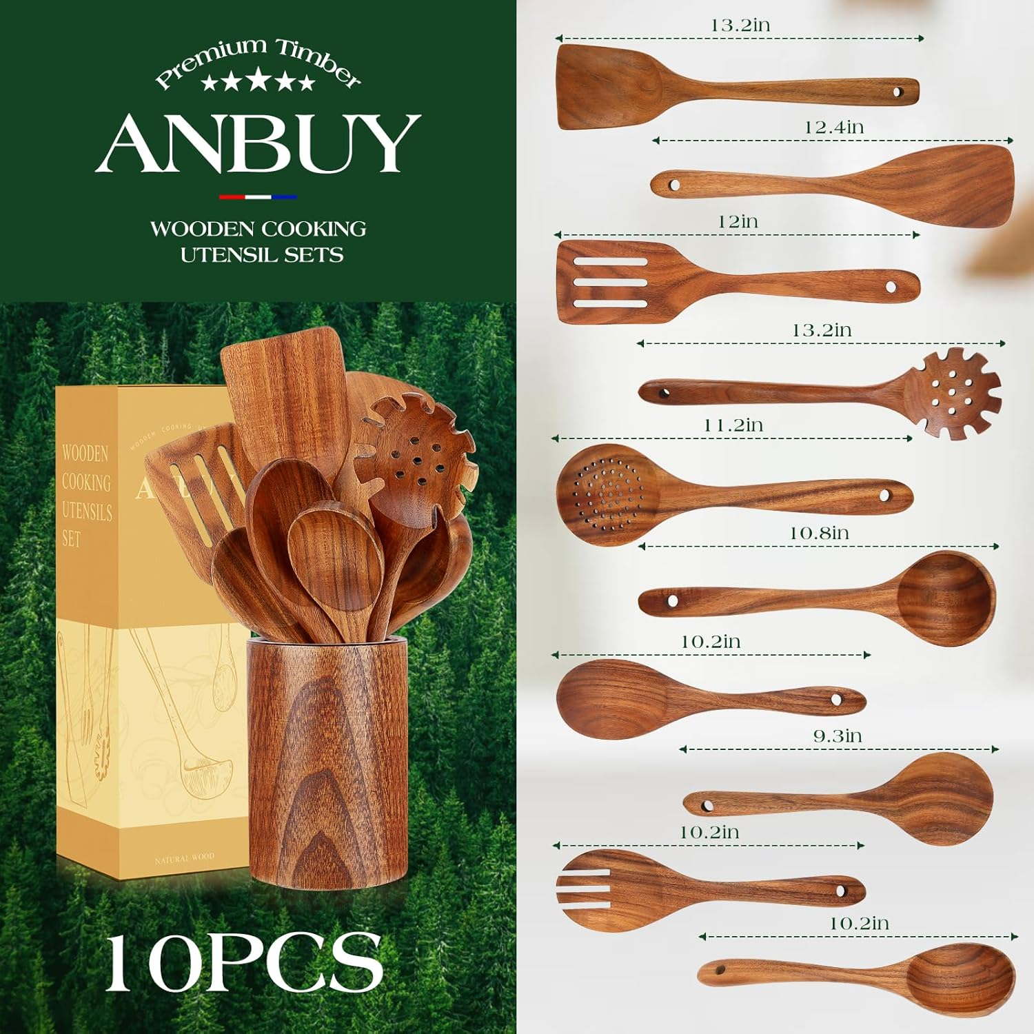 Teak Wooden Kitchen Utensil Set - Non-Toxic Wood Cooking Utensils, Wood Utensils, Wooden Utensil Set (10PCS), Heat-Resistant for Home Kitchen image number 5