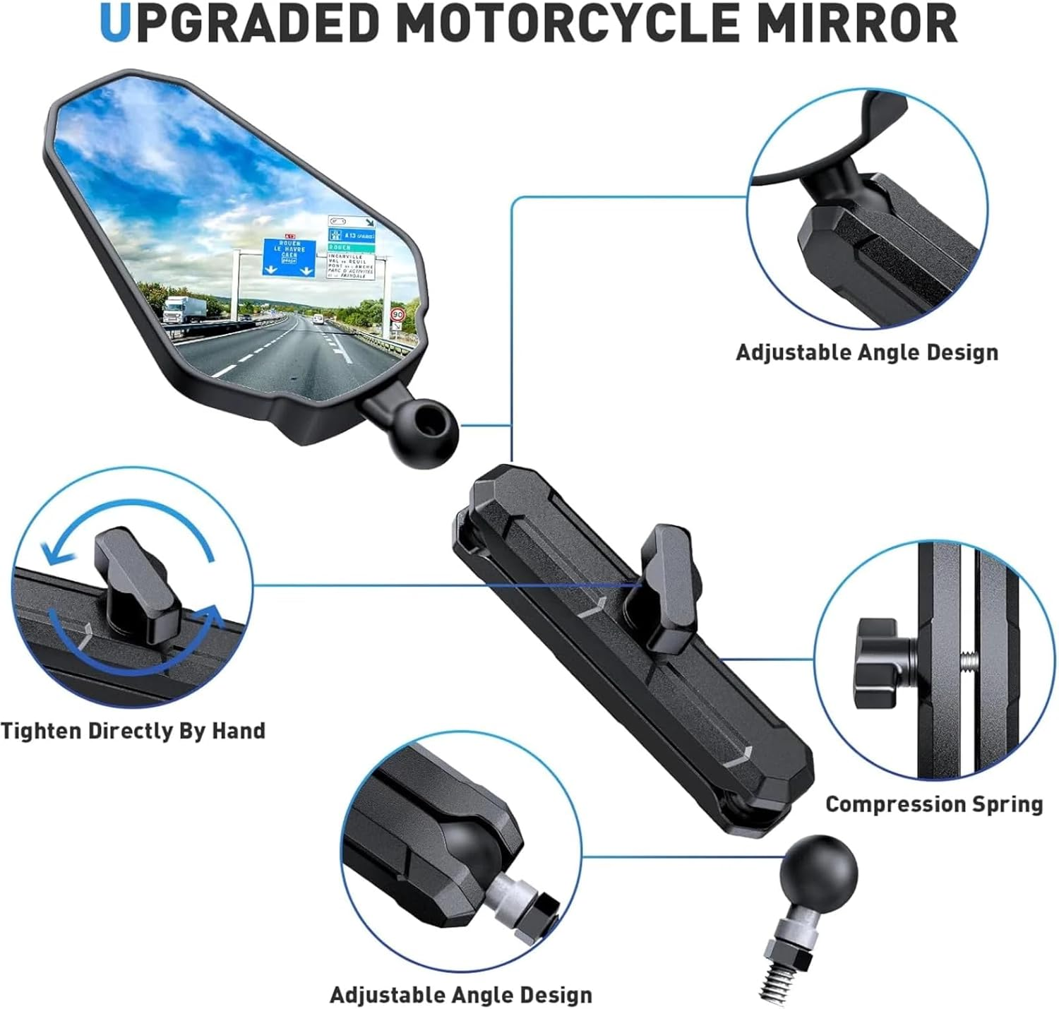ALLWILLWELL Upgraded Heavy Duty Motorcycle Mirrors Large Lens Aluminum Bracket Shockproof Sturdy Suitable for ADV/ATV Models as Well as All Types of Motorcycles, Sports Cars and Bicycles.