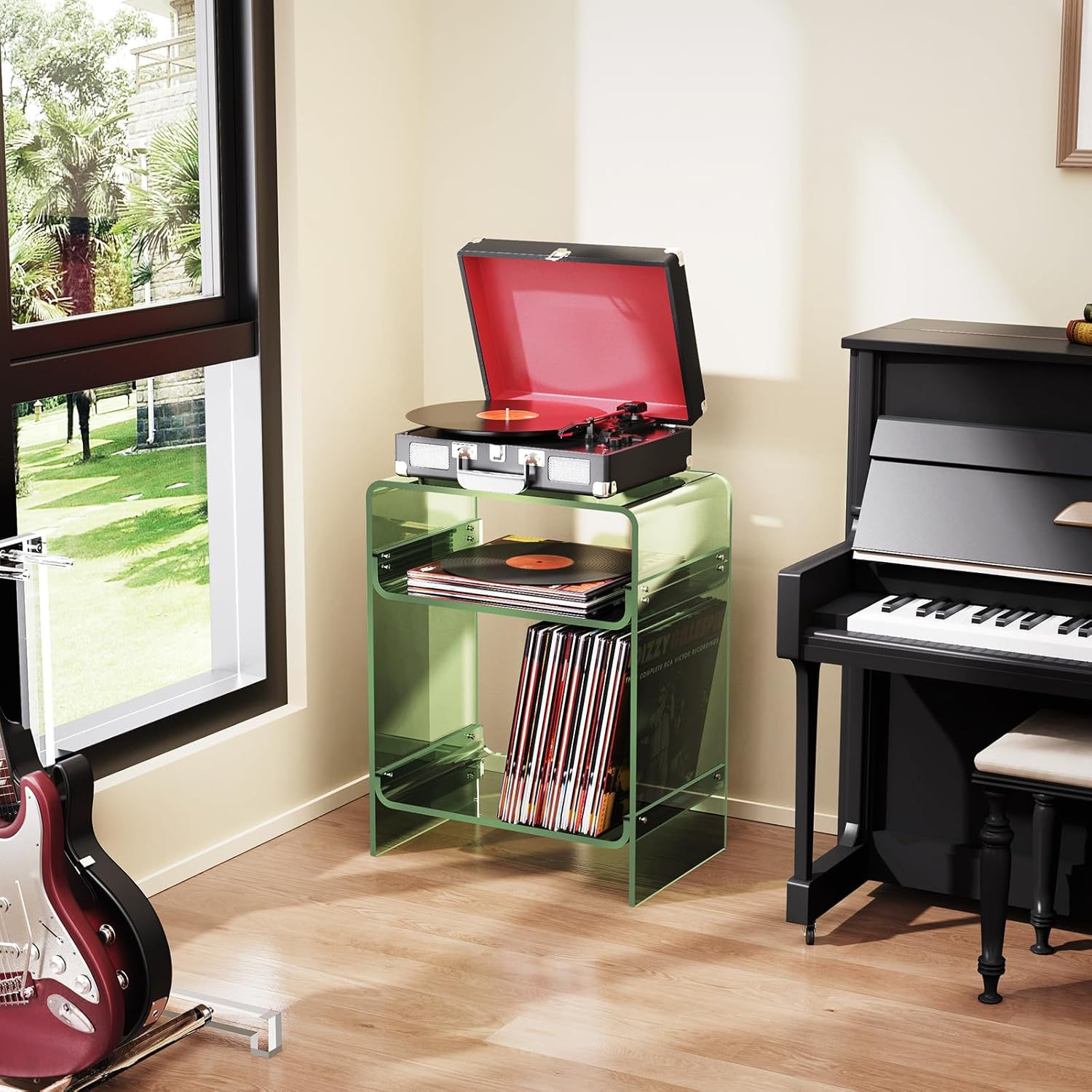 Acrylic Record Player Table with Storage Shelf, Clear Side Table, Nightstand (Green) image number 4