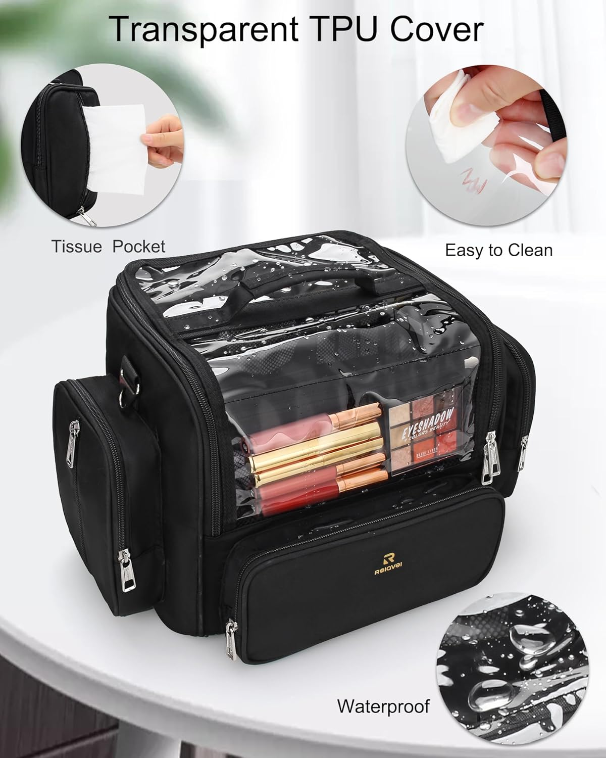 Large Makeup Organizer and Storage, Clear Travel Makeup Bag, Black Makeup Brush Holder Makeup Artist Essentials, Cosmetic Make up Bags for Women with Adjustable Dividers and Strap, Black, Makeup Brush Case image number 5