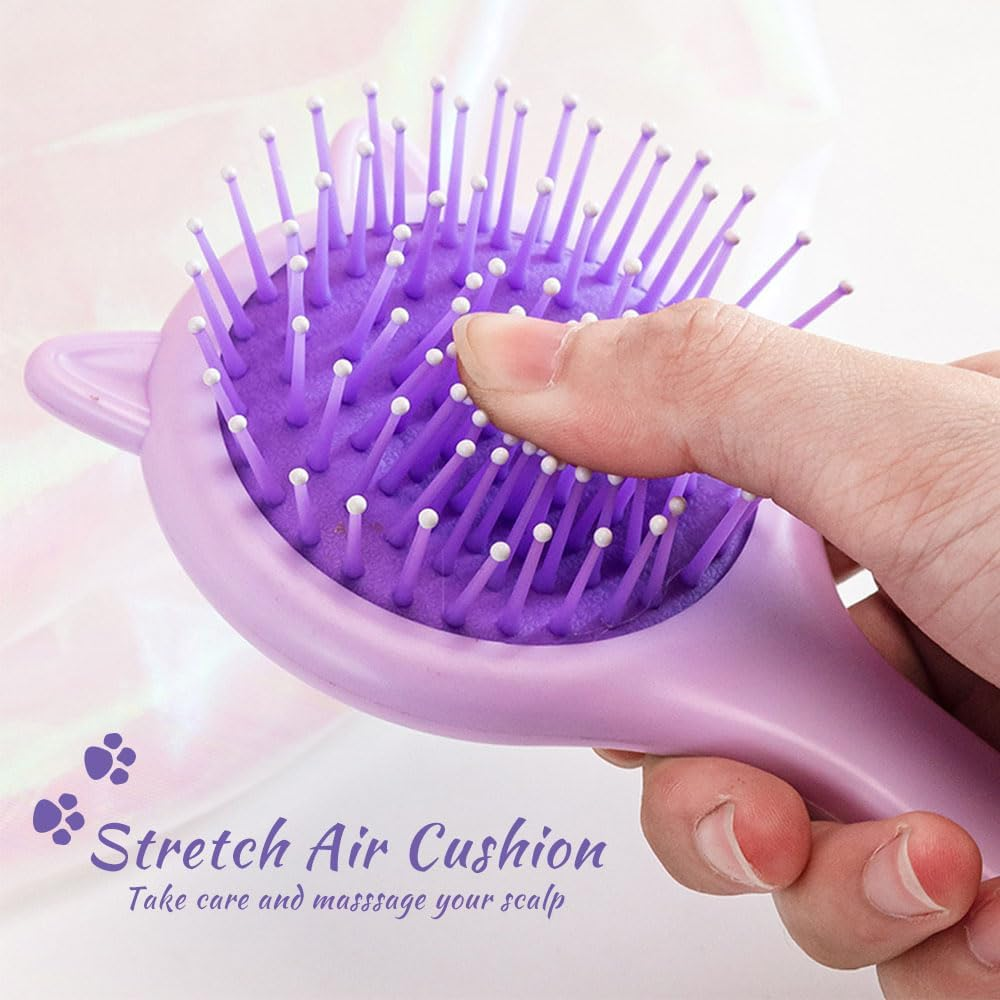 3Pcs Girls Hair Brush & Comb Set - Detangling Brush with Mirror & Wide Tooth Combs for Kids Curly Straight Long Hair, Pink Cat/Strawberry