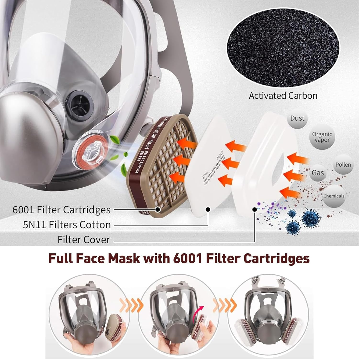 Reusable Full Face Respirator Mask &ndash; Professional Organic Vapor Gas Mask with Activated Carbon Filters, Anti-Fog Lens, Double Filtration for Painting, Welding, Sanding, and Dust Protection image number 3