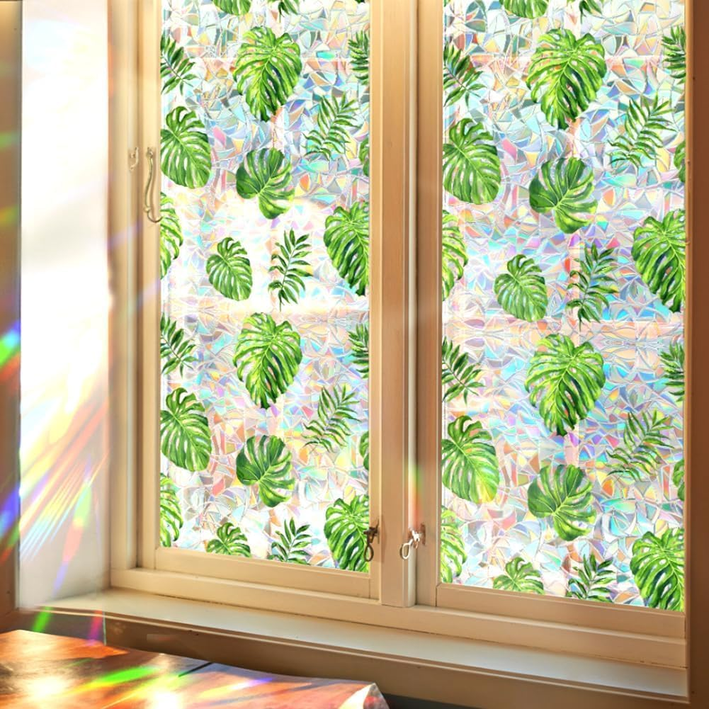 Window Stained Glass Film, Stained Glass Window Film, Window Privacy Films, Rainbow Glass Decals Stickers, Sun Blocking Window Clings for Home Office Living Room Window Door Decor (Leaves)