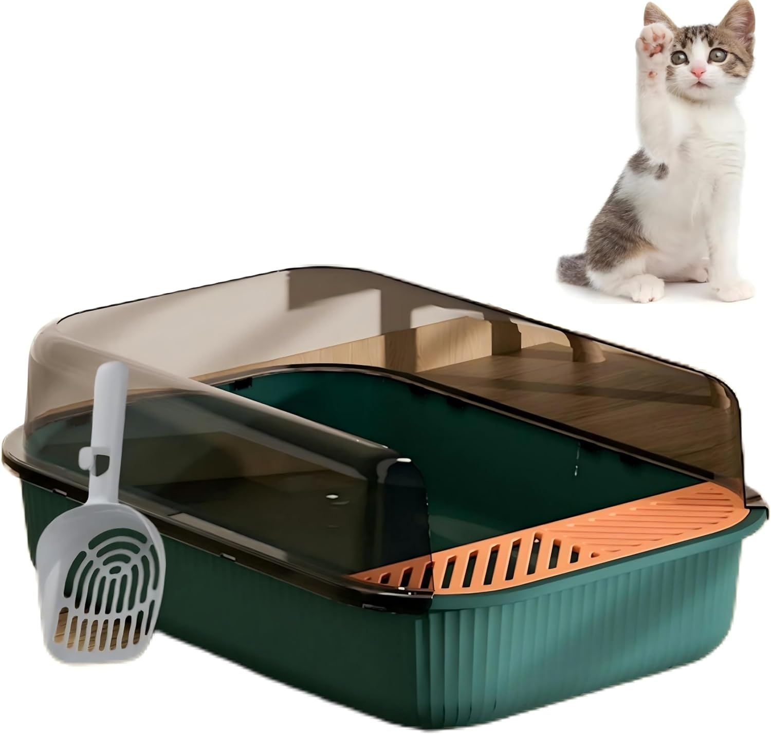 Open Top Cat Litter Box, Anti-Splashing Large Cat Litter Pan, Semi-Closed Removable Cat Cleaning Basin Kitten Toilet with Litter Sifting Scoop and Sides for Small & Medium Size Pets (Vintage Green) image number 6