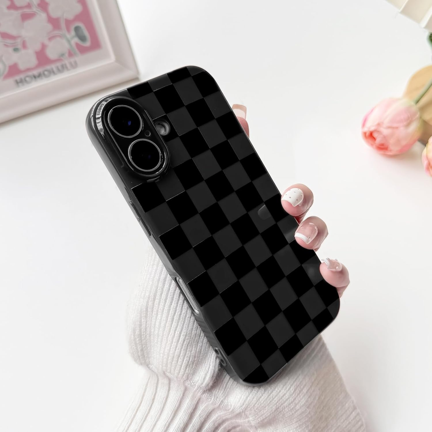 NITITOP Compatible with Iphone 17 Case Cute Aesthetic Checkerboard Checkered Pattern for Women Girl Trendy Slim Fit TPU Silicone Shockproof Full Camera Protection Cover - Black image number 3