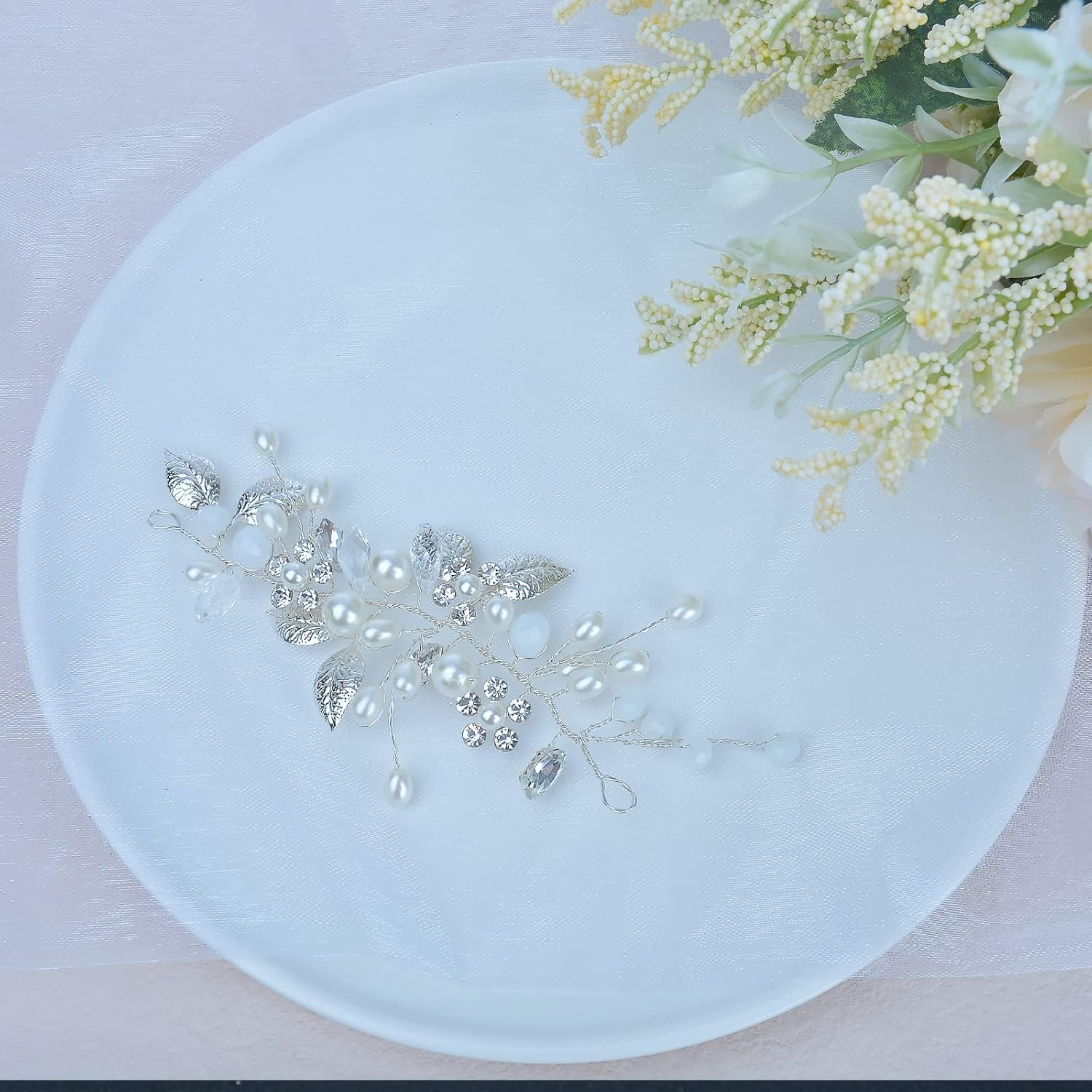 Bridal Crystal Headband, Flower Leaf Headpiece, Wedding Hair Accessories for Bride, Hair Accessories for Women and Girls (Silver) image number 2