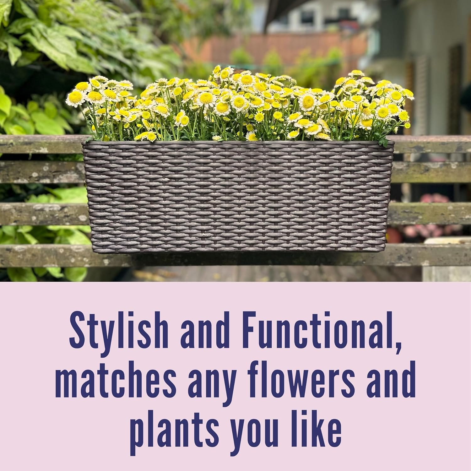 Lalagreen Outdoor Rail Planter for Balcony (2 Pack, 20 Inch) Large Black Self Watering Railing Planters with Brackets, Rectangular Plastic Window Flower Box Fence Designer Choice with Rattan Pattern image number 1