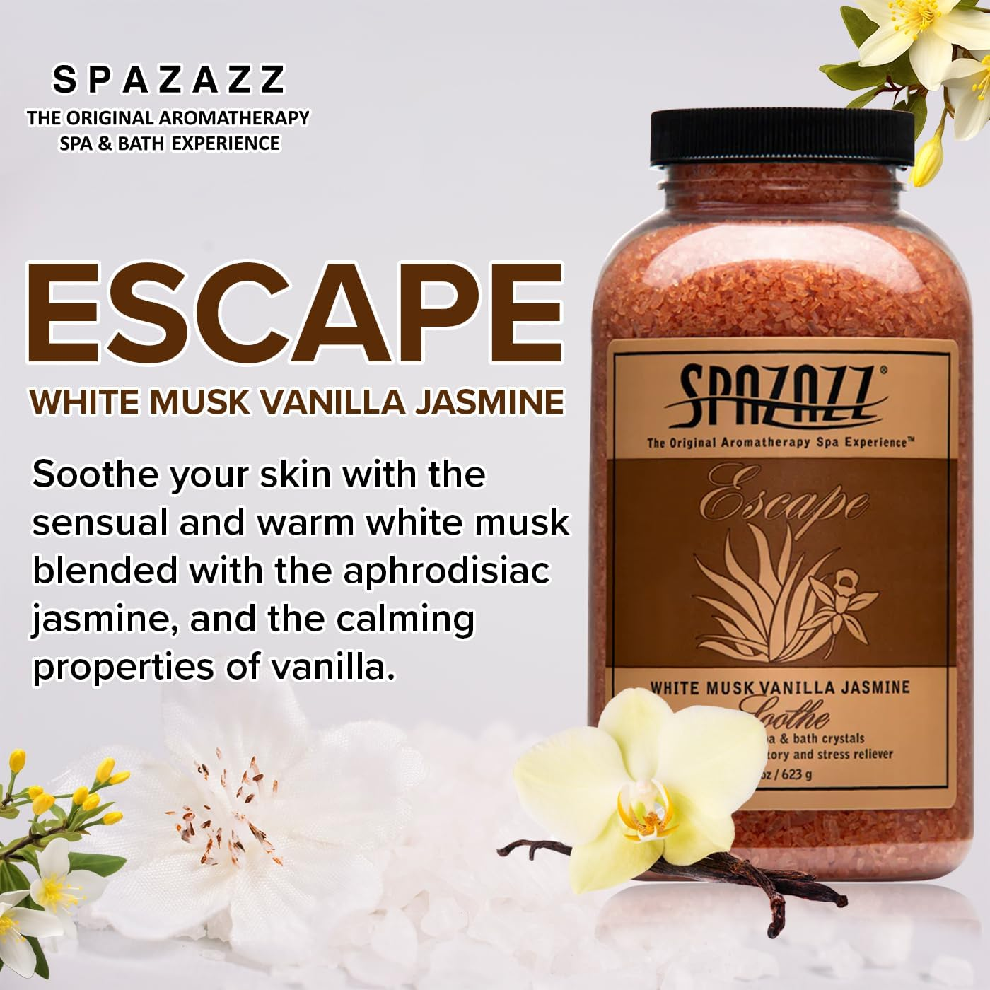 Spazazz SPZ-110 Escape Aromatherapy Crystals Container, 22-Ounce, White Musk Jasmine Vanilla Soothe image number 4
