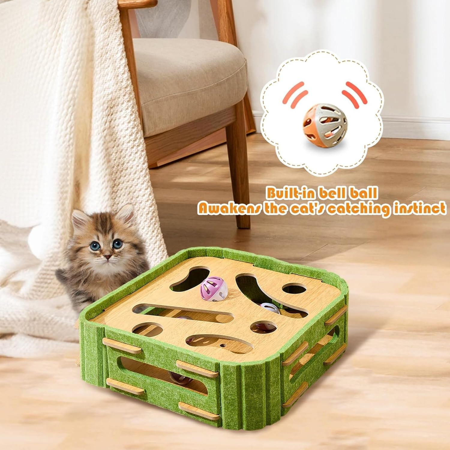 Cat Scratching Post with Multiple Interactive Toys, Vertical Sisal Cat Scratcher with Dangling Balls, Feather Teaser, Kitten Track Ball Toy for Indoor Cats (Square,Puzzle Box with Cat Post) image number 3
