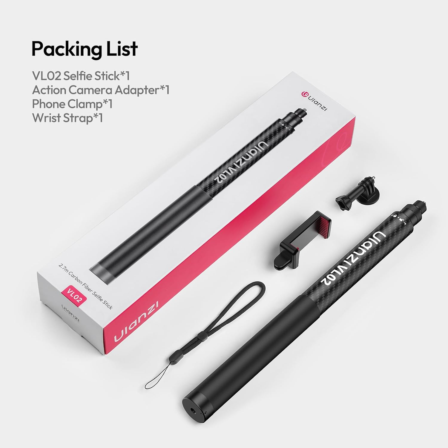 ULANZI VL02 2.7M Carbon Fiber Extended Invisible Selfie Stick, Compatible with Insta360 X5/X4/X3/Ace Pro/Go 3S/ONE X2/DJI Osmo 360, Extension Pole Waterproof Handle Grip for Gopro, Phone and More image number 1