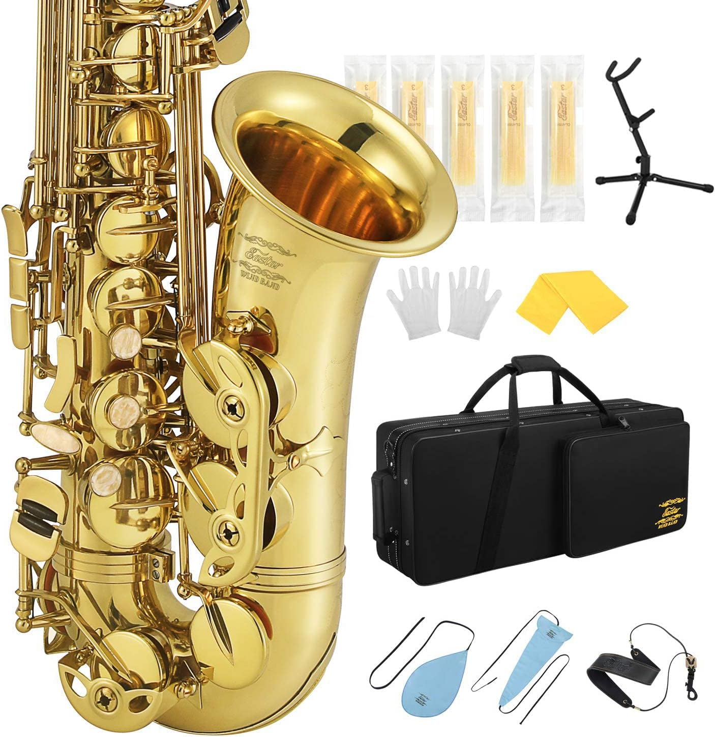 Eastar Professional Alto Saxophone E Flat Eb Gold with Cleaning Cloth, Carrying Case, Mouthpiece, Neck Strap, Reeds and Stand, Full Kit, AS-Ⅲ
