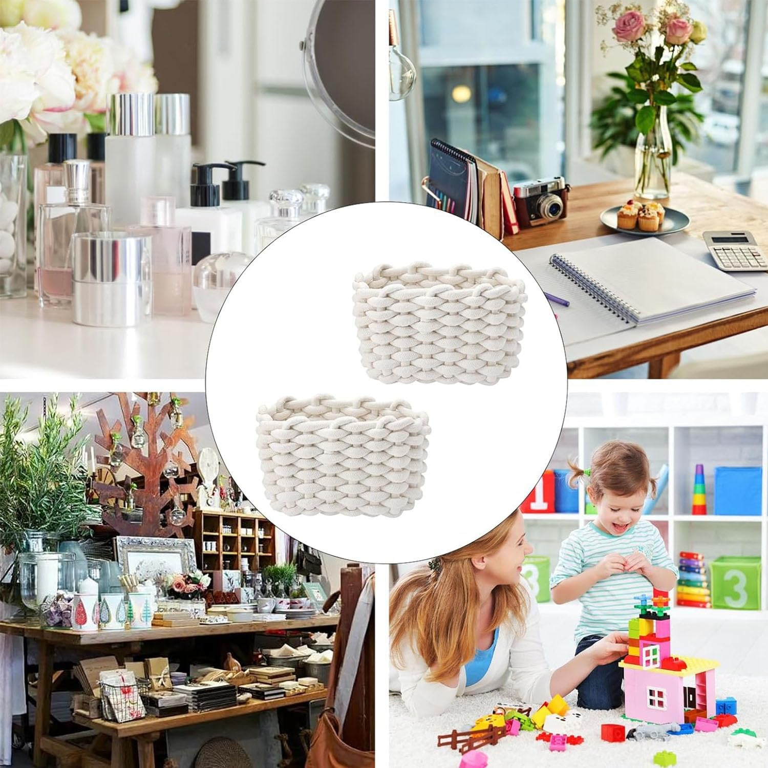 2 Pack Small Woven Baskets, Natural Cotton Rope Woven Baskets for Organizing, Cat Dog Toy Baskets, Bathroom Organization Bin for Make-Up, Toy, Socks, Storage Basket (Off White) image number 5