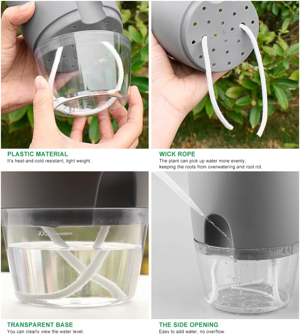 Self Watering Planter Pots for Indoor Plants, 3 Pack African Violet Pots, Succulents, Herbs with Wick Rope (Grey, 13.8X10.5Cm) image number 2