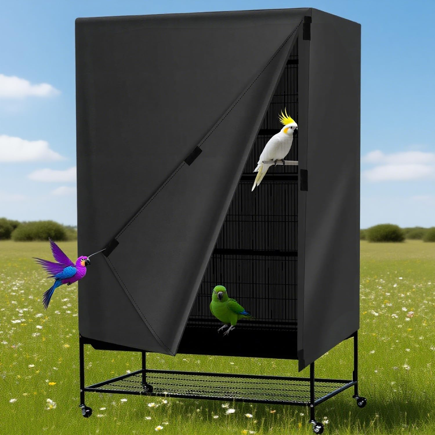 Night Use Bird Cage Cover,With Breathable Fabric Light Blocking Cover, Waterproof and Dustproof Universal Light Blocking,Suitable for Large Bird Cages,Suitable for Bird Cage Tops (Black) image number 1