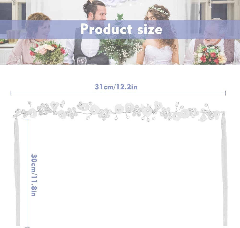 PEALOVCOM Bridal Hair Accessories Pearls Wedding Communion Headband Bridal Headpiece Hair Wreath White Pearl Headband with Adjustable Chiffon Band for Bride Bridesmaid Flower Girl Women Girls, Resin image number 3