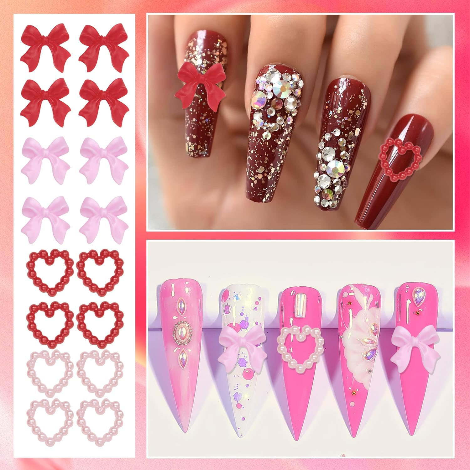 Cynailli 12Pcs 3D Valentine Gold Heart Nail Charms & Gems, Gold Alloy with Red Heart Rhinestones, Pink Heart with Bow Nail Art Supplies