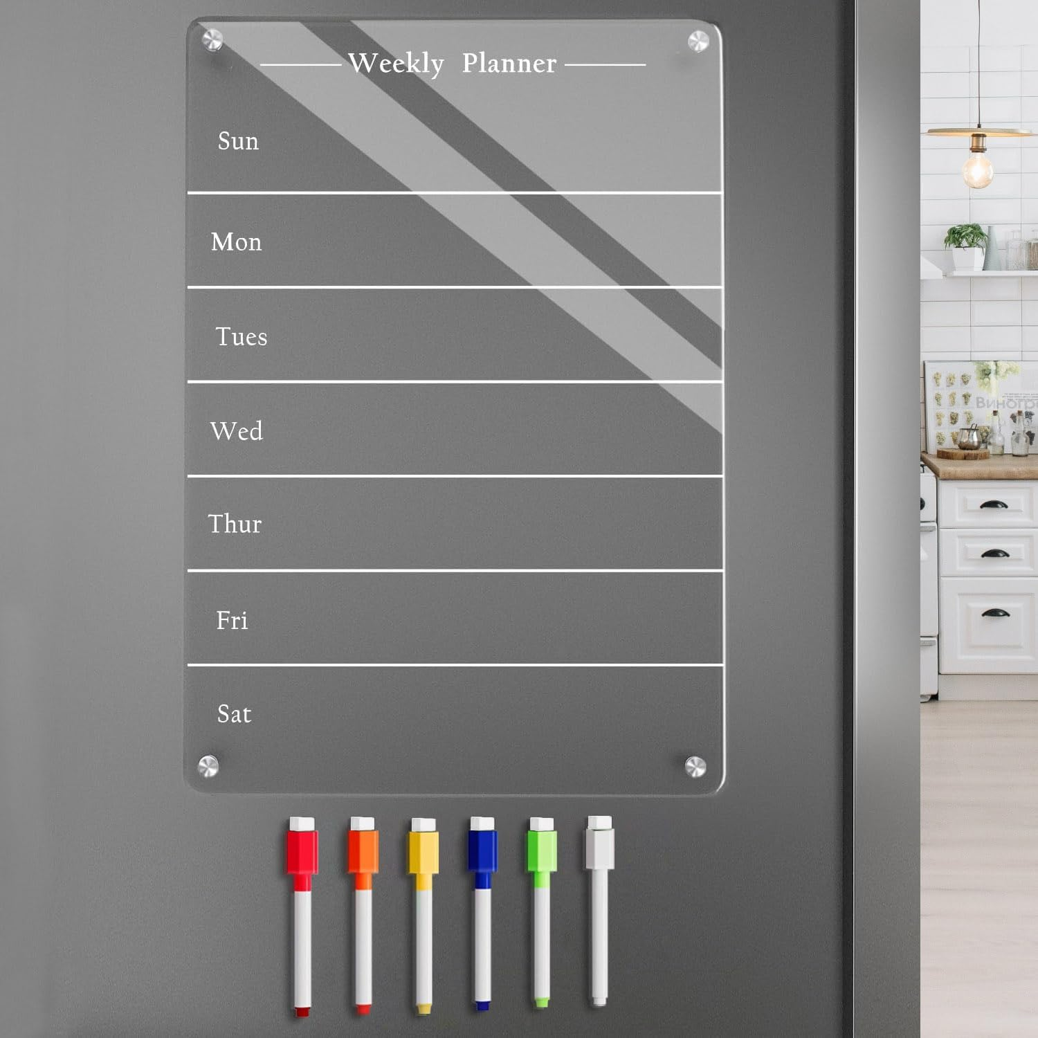 Todkoding 9"X13" Clear Weekly Meal Planner Magnetic Acrylic Board,Acrylic Magnetic Dry Erase Board for Fridge, Magnet Week Calendar for Refrigerator Includes 6 Colors Markers and Pen Container image number 3