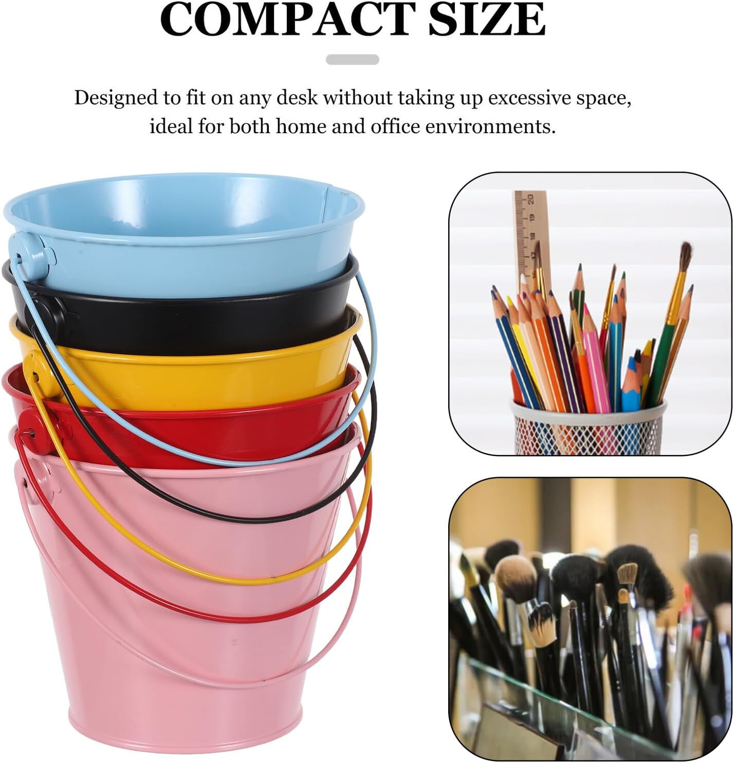 NAMOARLY 5Pcs Iron Pencil Holder Bucket Set Handle Metal Pen Cups for Desk Organization, Classroom Storage, Office Management, Desktop Decoration in Pink, Yellow, Red, Light Blue, and Black image number 5