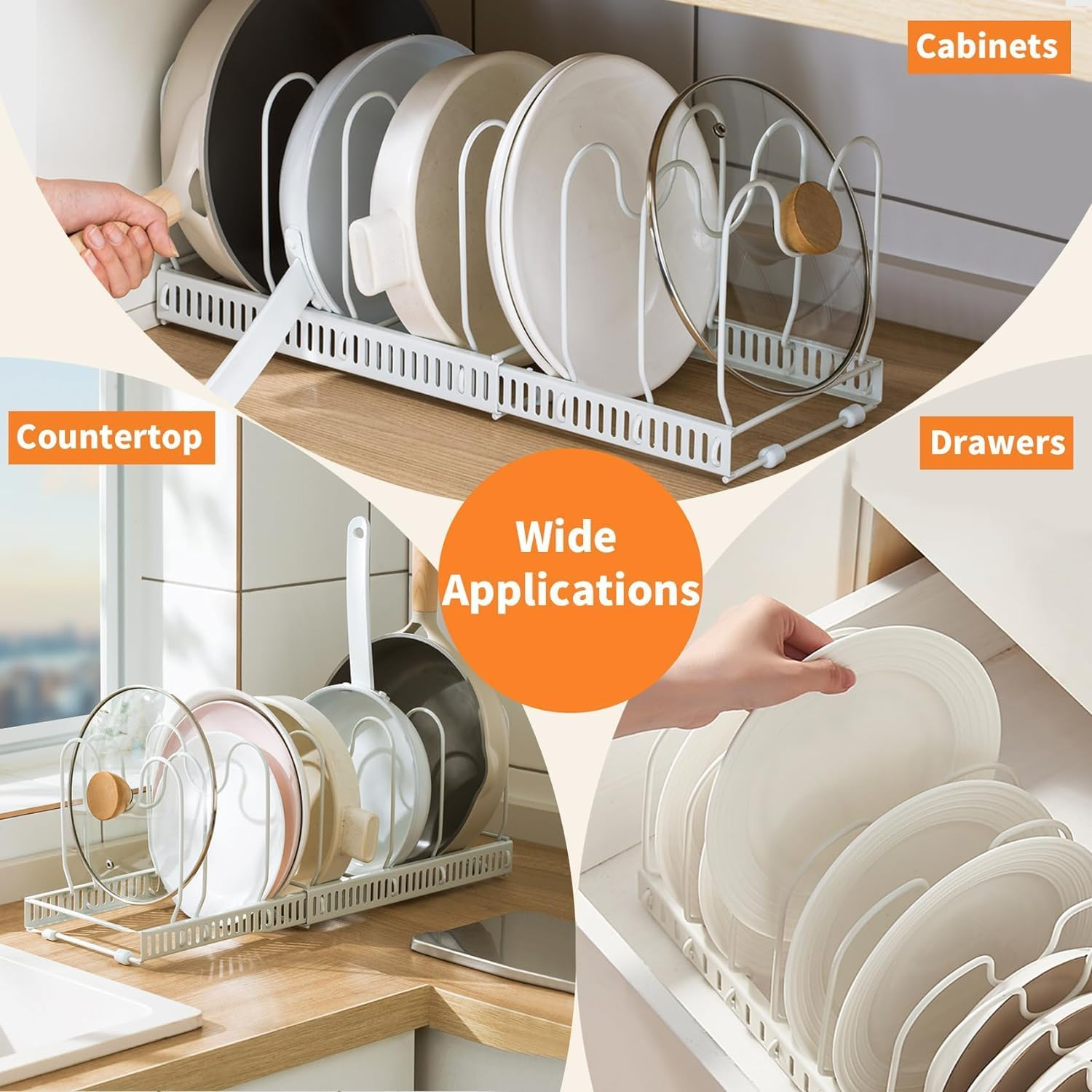 Yharnamite Expandable Pans Organizer Rack, Pot Lid Holder with 10 Adjustable Compartments, Expandable Cookware Rack, Kitchen Organisation Pot Rack for Kitchen Cabinet Organizers and Storage (White)