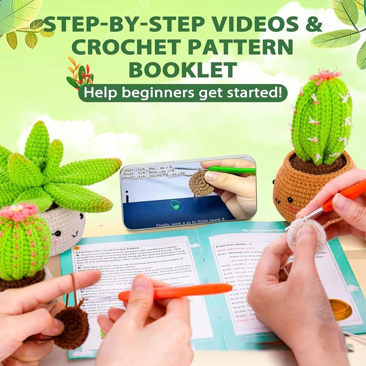 Crochet Kit for Beginners, Beginner Crochet Starter Kit with Step-By-Step Video Tutorials, Beginner Crochet Kit for Adults Kids, Knitting Kit for Beginners, Cactus image number 1