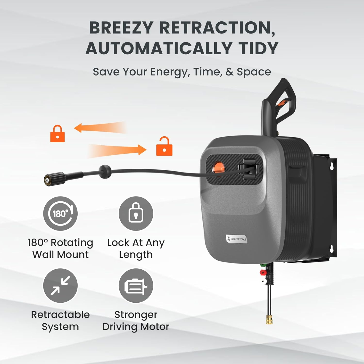 Giraffe Tools Grandfalls Pressure Washer G20B, Electric Wall Mounted Power Washer, 20 M Retractable Black Pressure Hose with 180&deg; Rotating Bracket, Max 2400 PSI, Dark Silver image number 1
