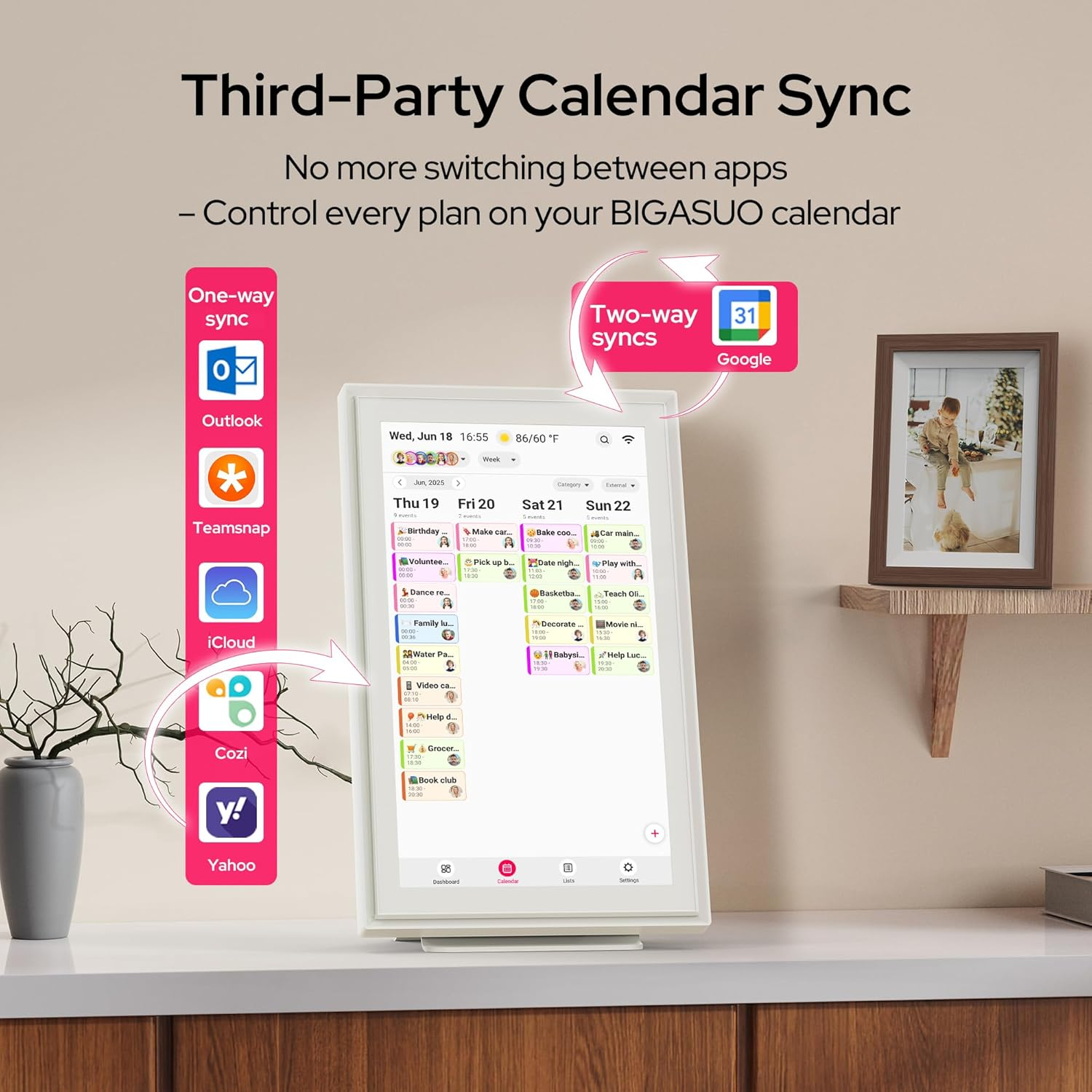 BIGASUO 15.6" Digital Calendar Wall/Desk Touch Screen, Electronic Organizer Planner, Smart Touchscreen Interactive Tablet Display for Monthly, Weekly & Daily Agenda, Family Schedules, to Do List image number 2