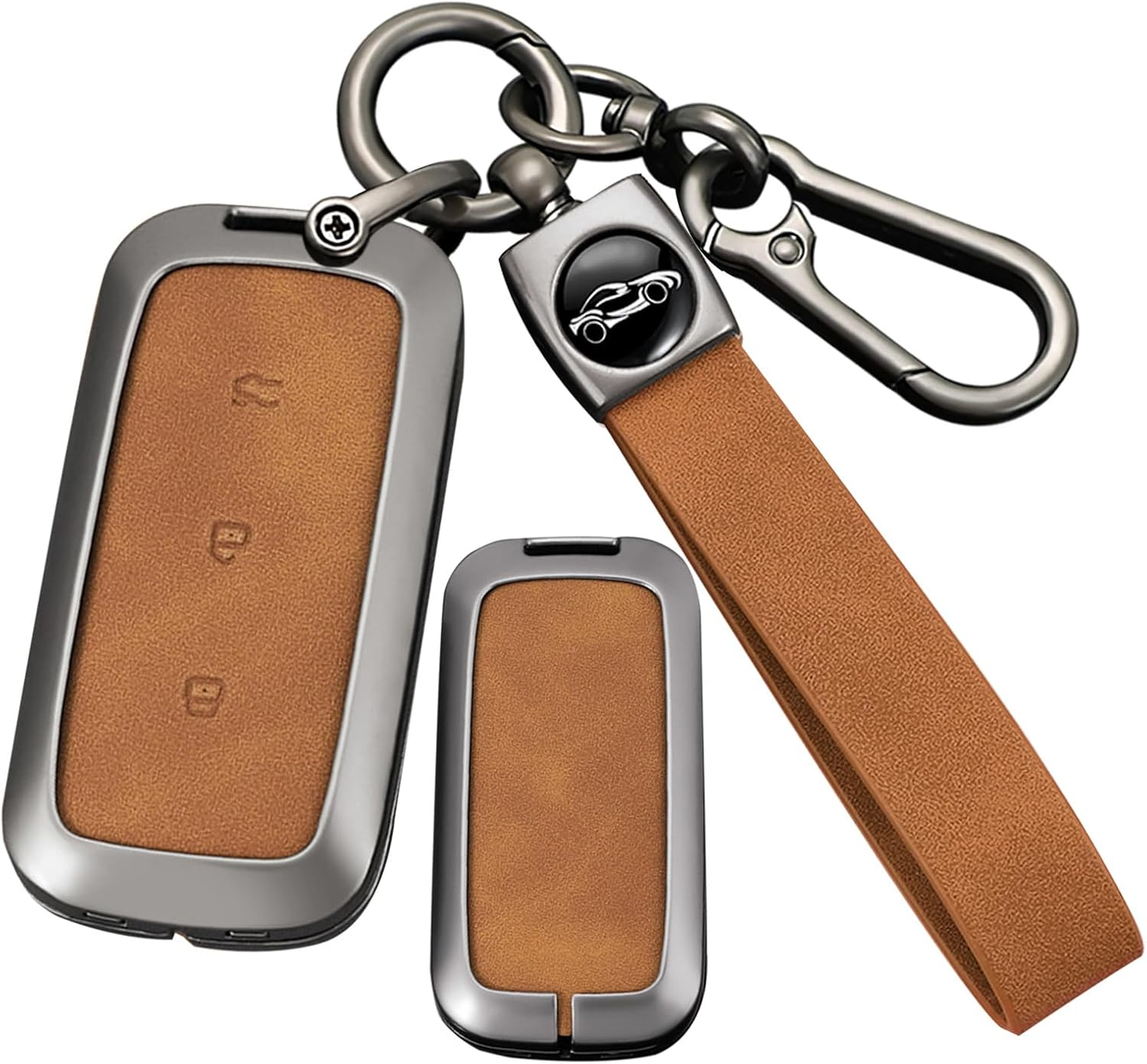 Ontto Car Key Fob Cover Case Fit for Geely EX5 Galaxy L6 L7 E8 E5 Proton E.Mas 7 2026 2025 2024 Smart Key Holder Metal Leather Shell Keyring Car Styling Accessories 3 Buttons Short Keychain-Brown